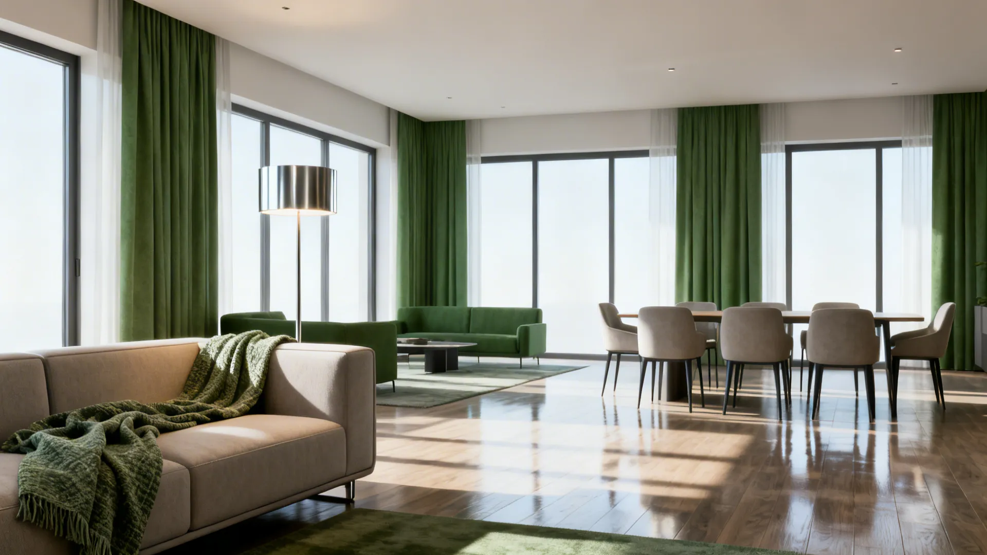 Low-back sofa and streamlined chairs keeping sightlines open across living and dining zones