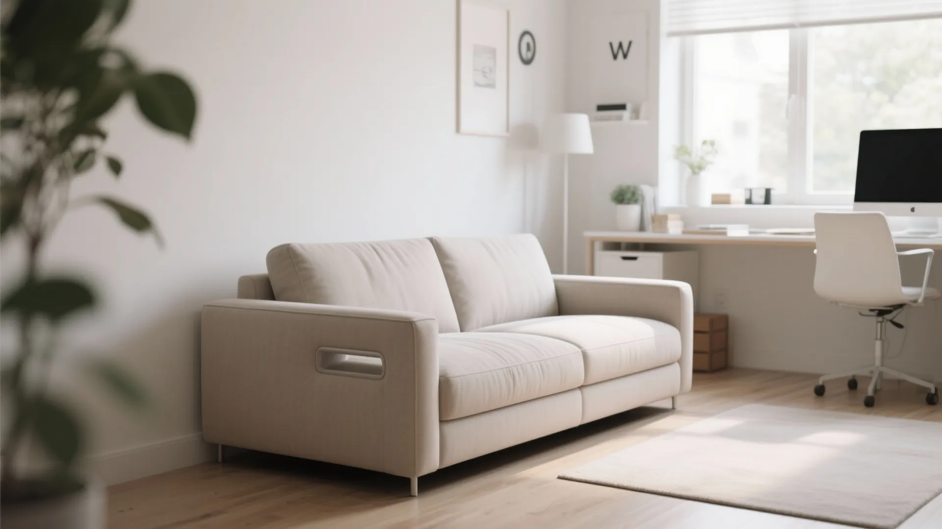 Low-profile sleeper sofa in a small modern home office