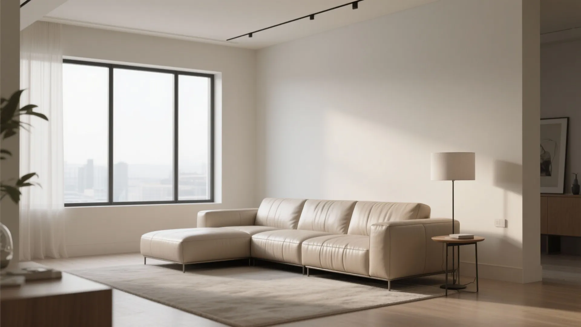 Modern minimalist living room with a cream leather sofa floor lamp rug and large bright window