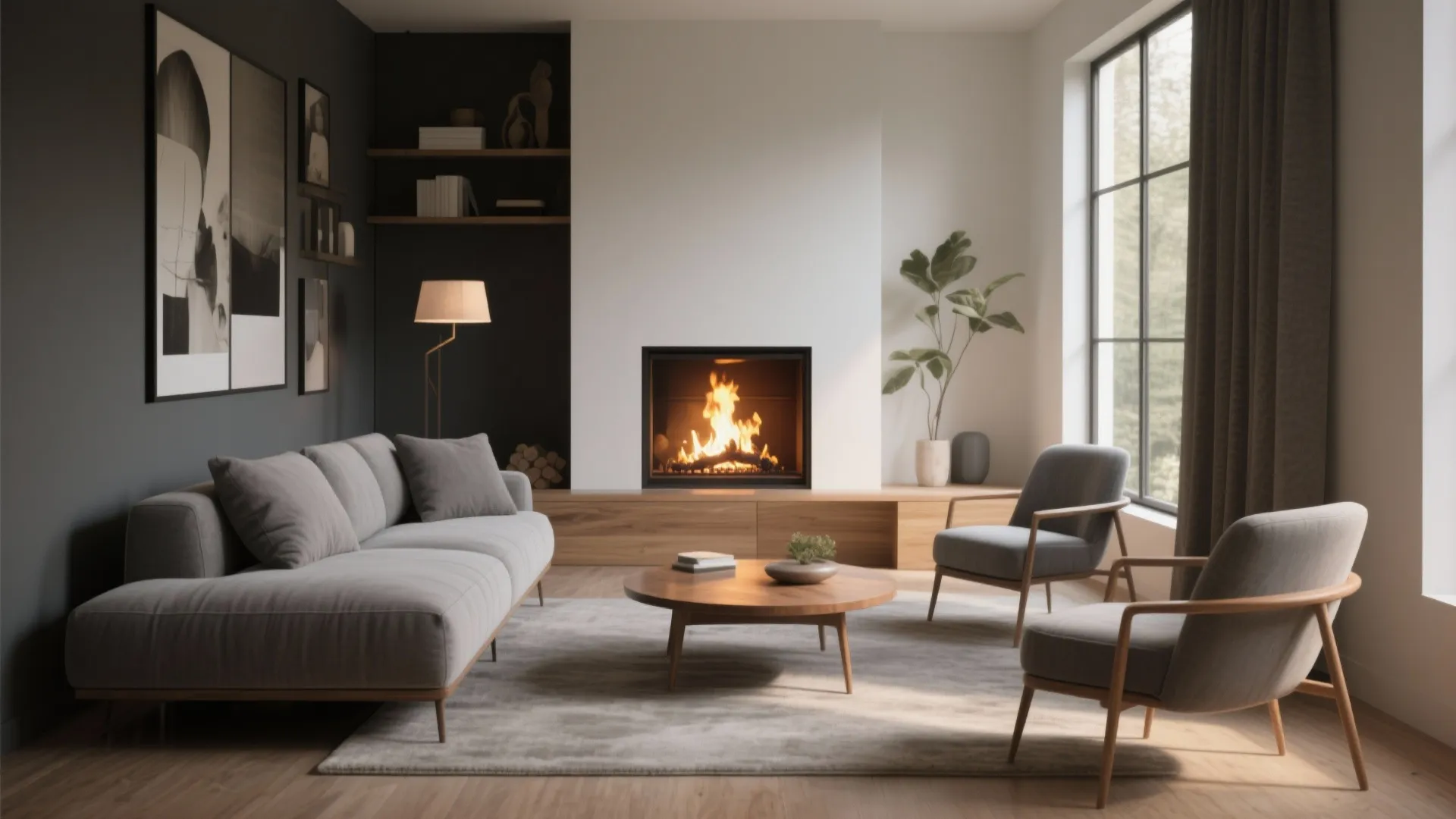 Low-profile seating in a small living room with fireplace
