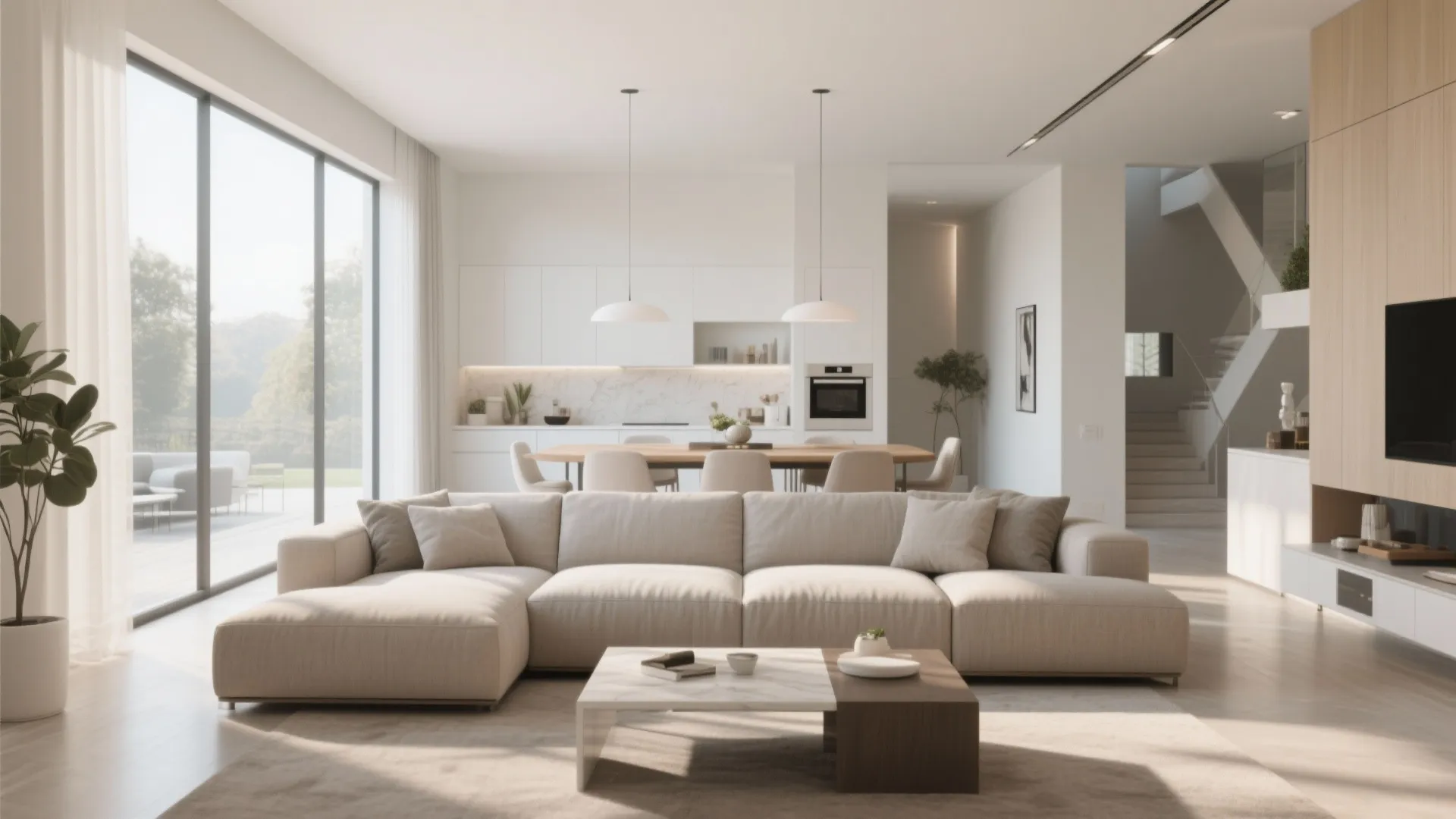 Large cream sofa and marble coffee table in an open living room with bright light