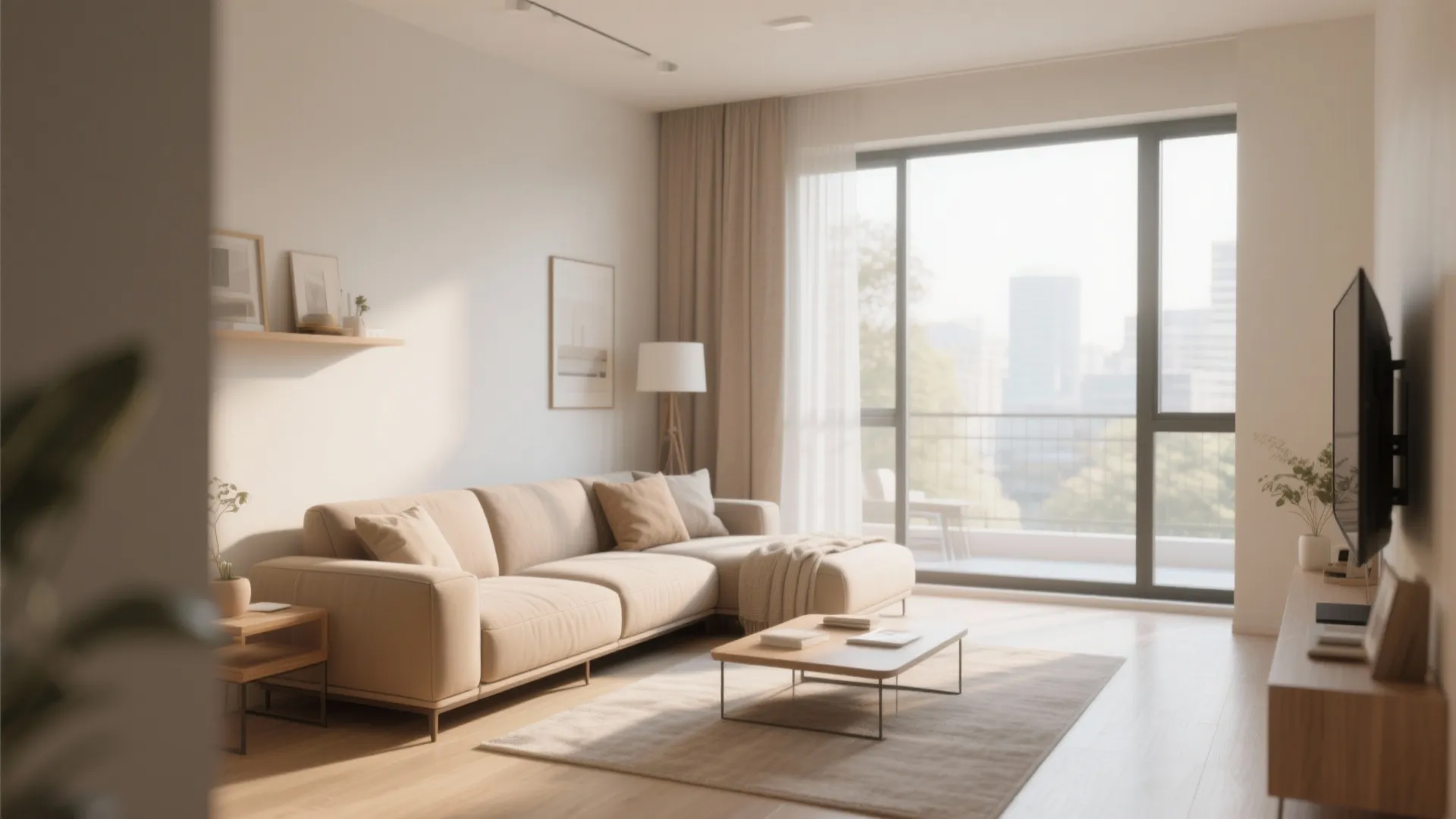 Minimalist living room with beige sofa coffee table television stand rug and large glass windows
