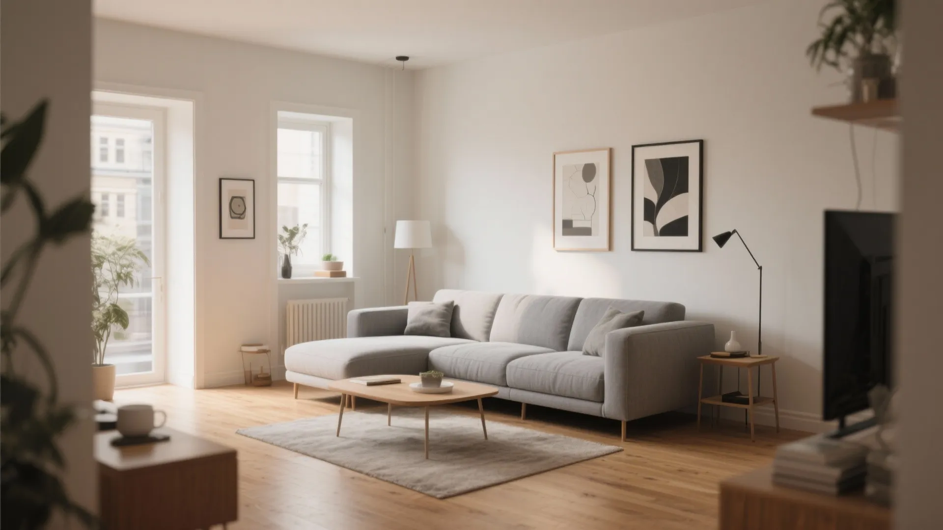 Spacious living room featuring grey sofa wooden coffee table floor lamp and framed wall art