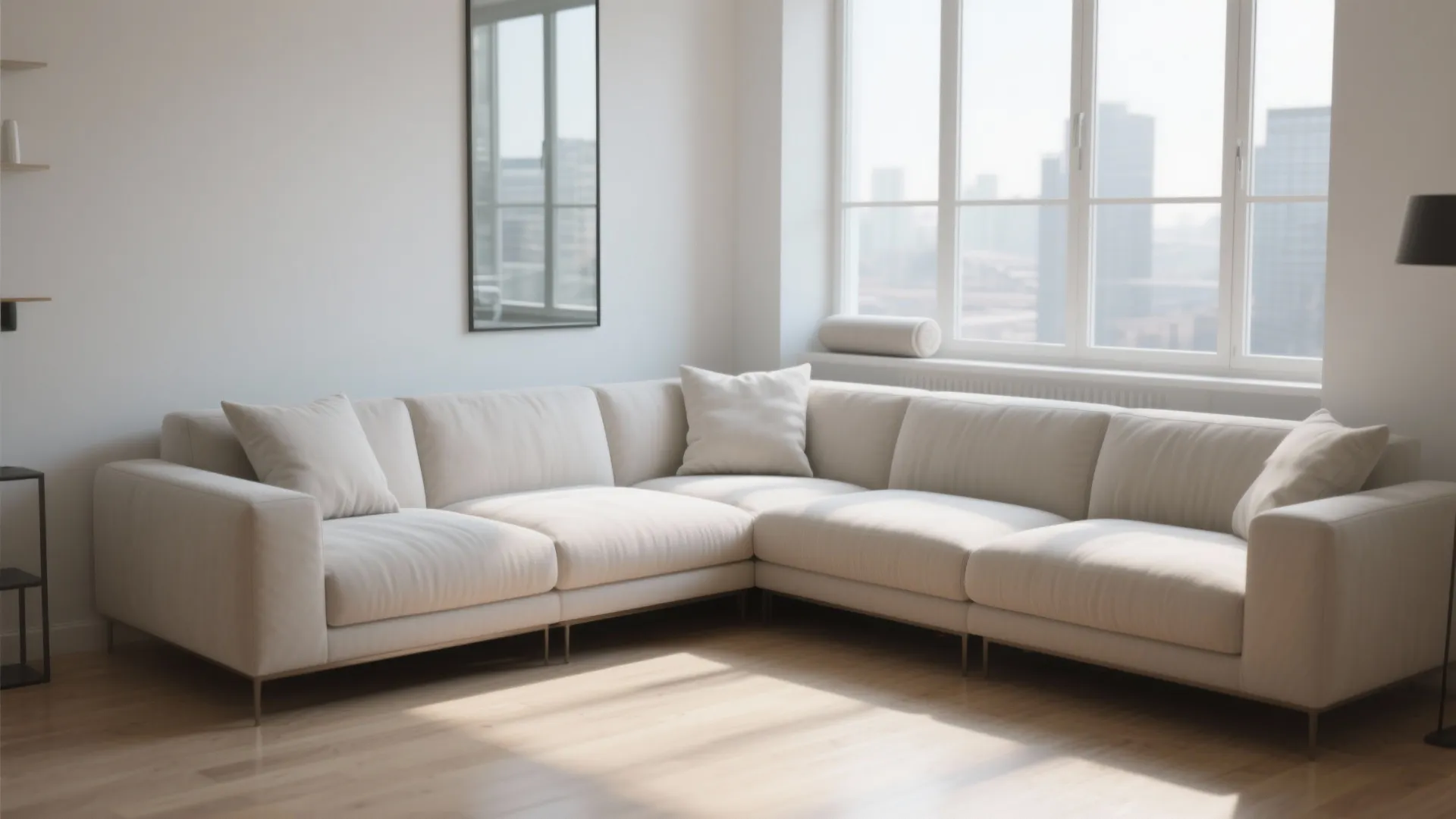 Large cream corner sofa in a bright room with wooden floors and a large window