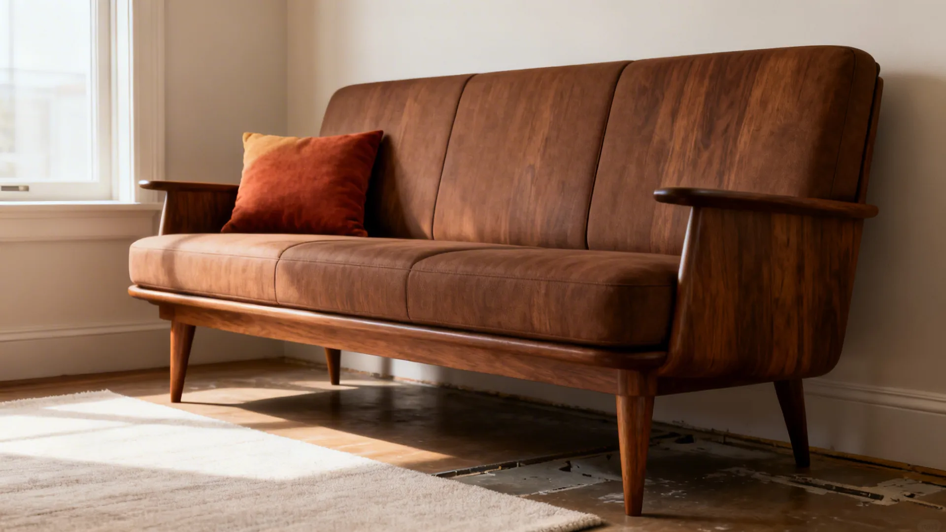 Low-profile mid-century sofa with tapered legs and lumbar cushion in a small living room.
