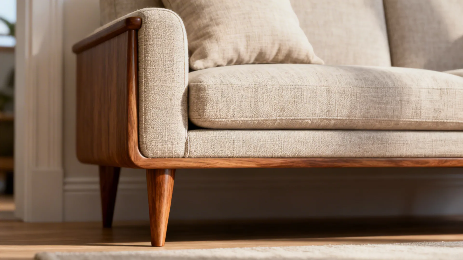 Close-up of a low-back sofa and compact loveseat with exposed tapered legs and lumbar pillow.