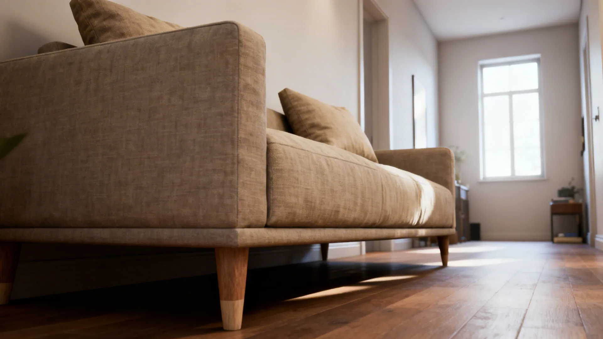 Low-profile deep sofa with exposed legs creating open sightlines in a narrow living room.