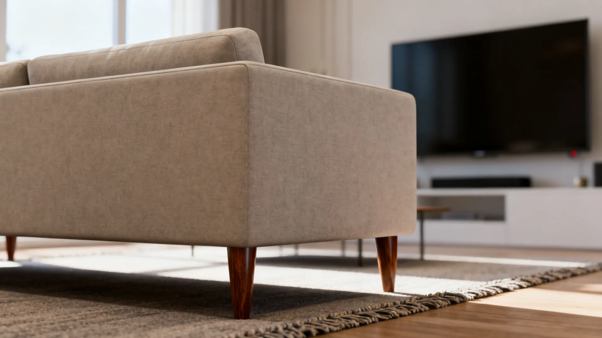 Low-back sofa placed mid-room serving as a visual divider between two seating areas in a small living room.