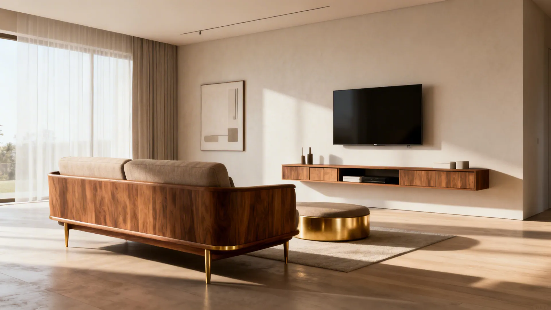 Low-profile sofa with wall-mounted floating media console creating an airy gallery-like living room.