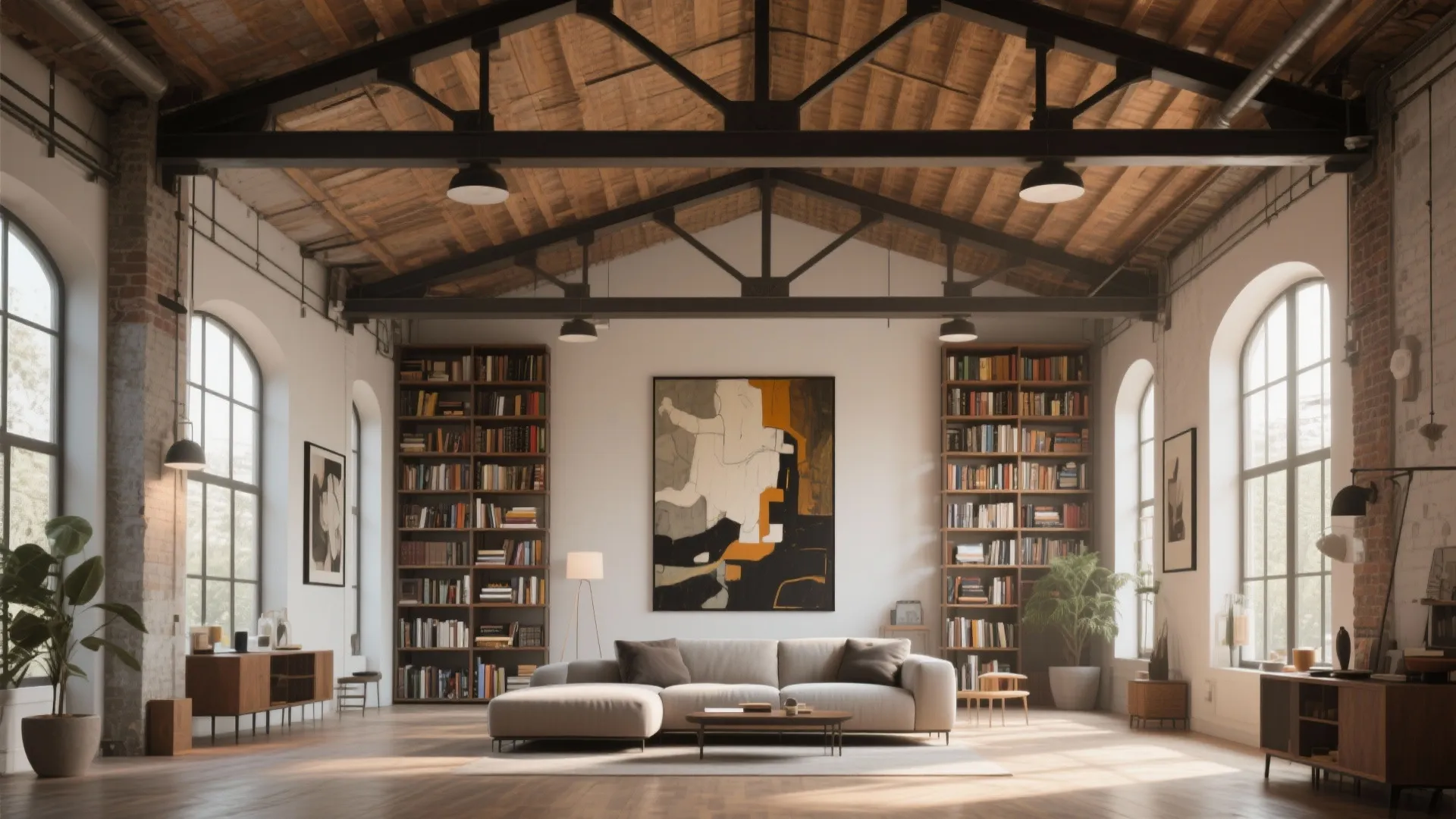 Low-profile sofa grounding a loft with high ceilings