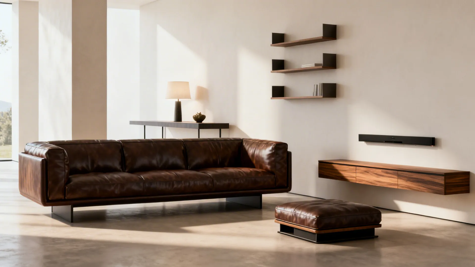 Low-profile leather sofa with floating shelves and slim media unit in a compact living room.