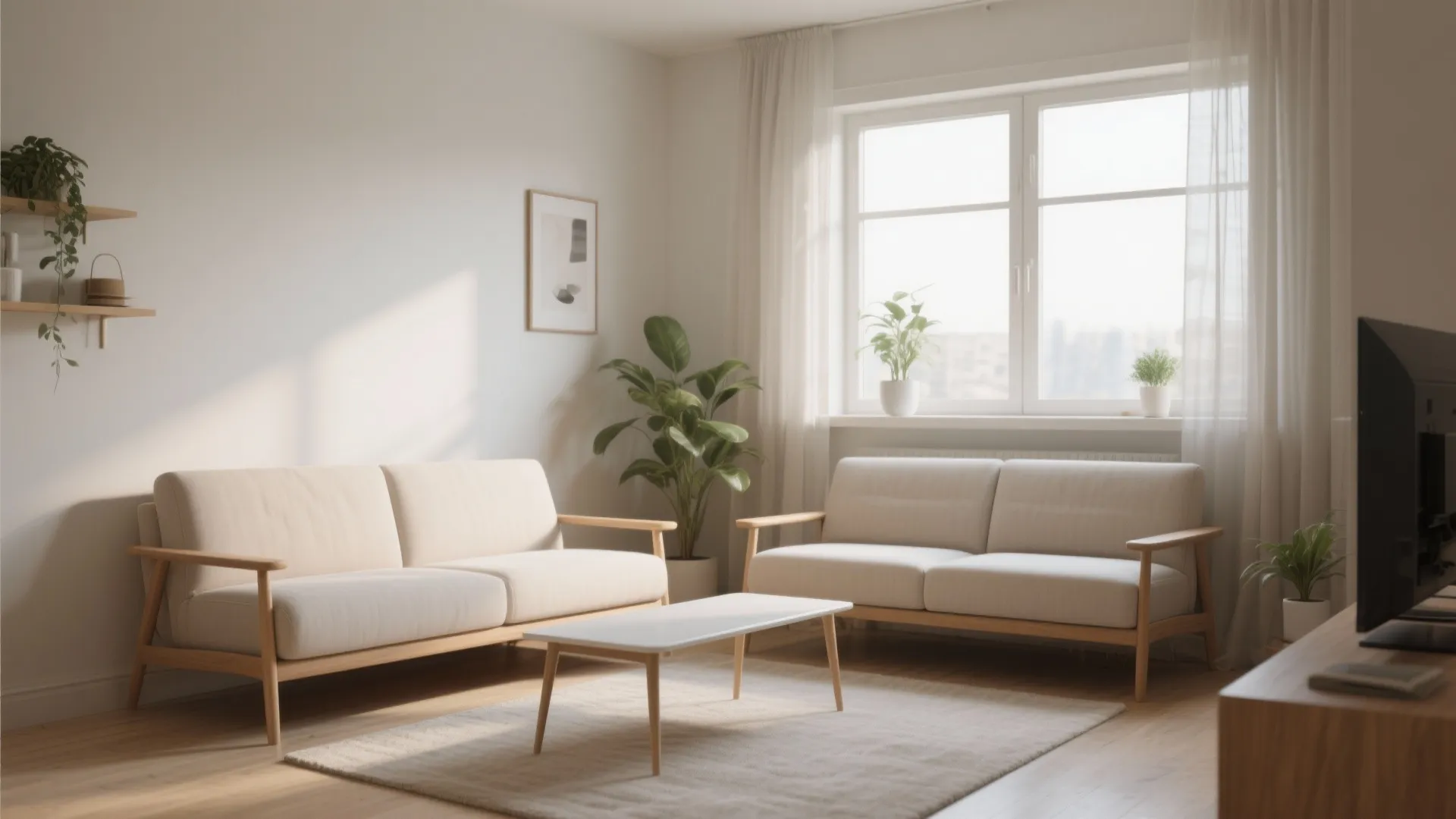 Modern bright living room featuring two beige sofas a white coffee table and indoor green plants