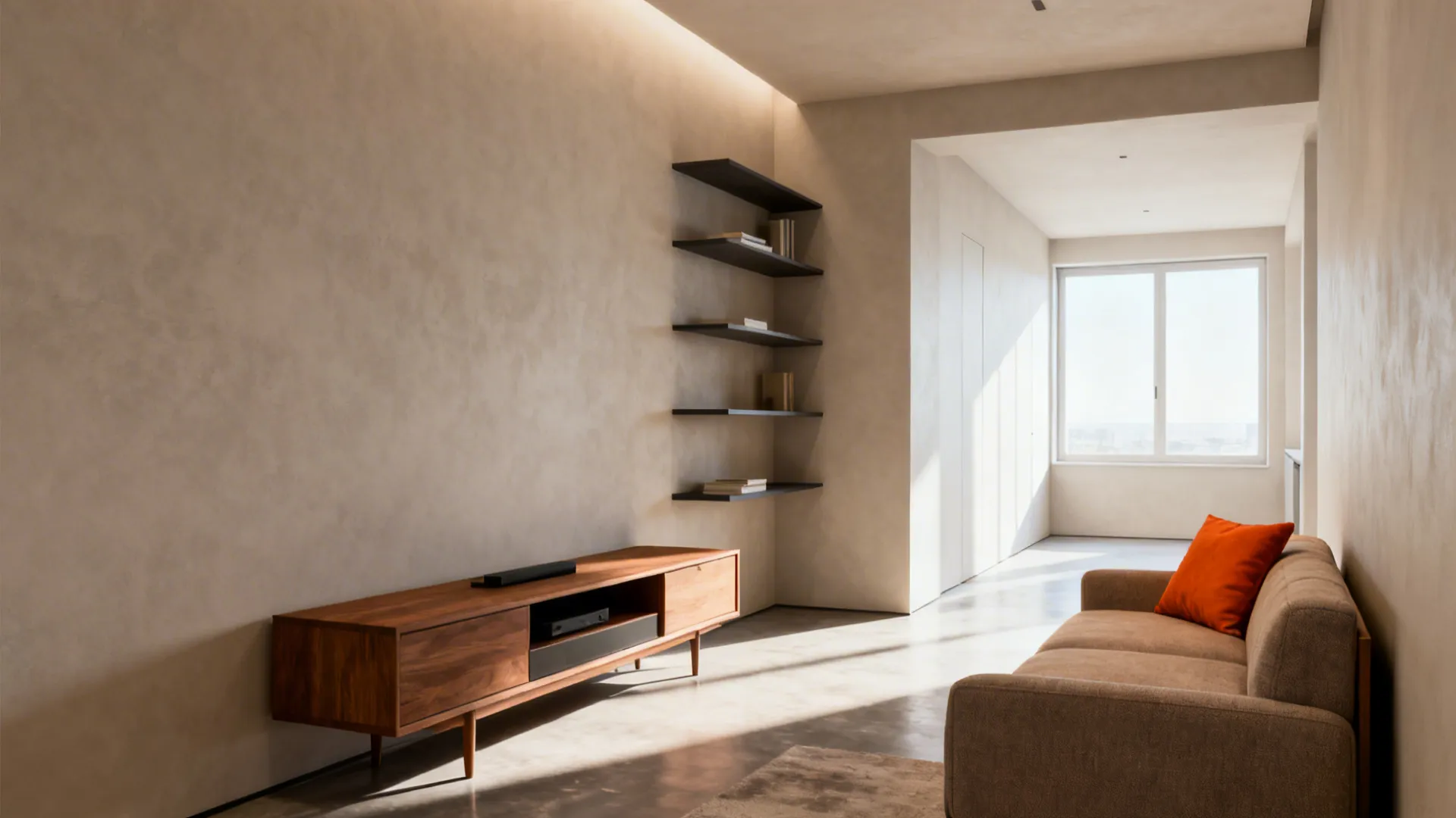 Minimalist living room with wooden cabinet black wall shelves brown sofa orange pillow and window
