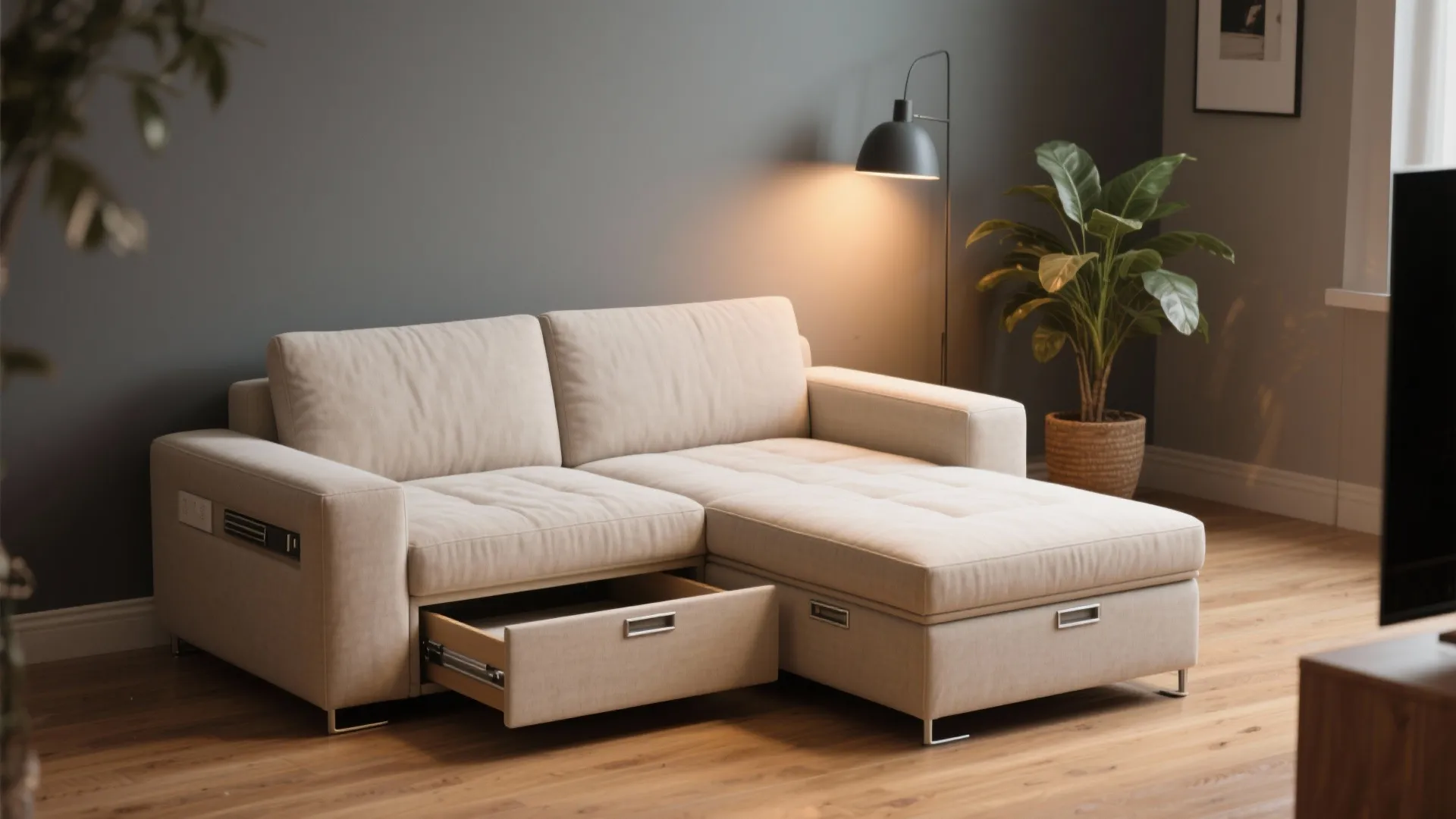 Cream colored sofa with open storage drawer underneath placed in a living room with plant