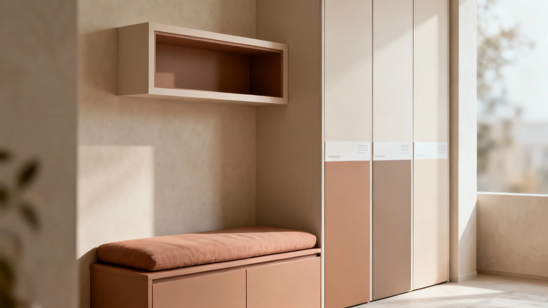 Low-profile storage bench and wall shelves styled for a small living room entry.