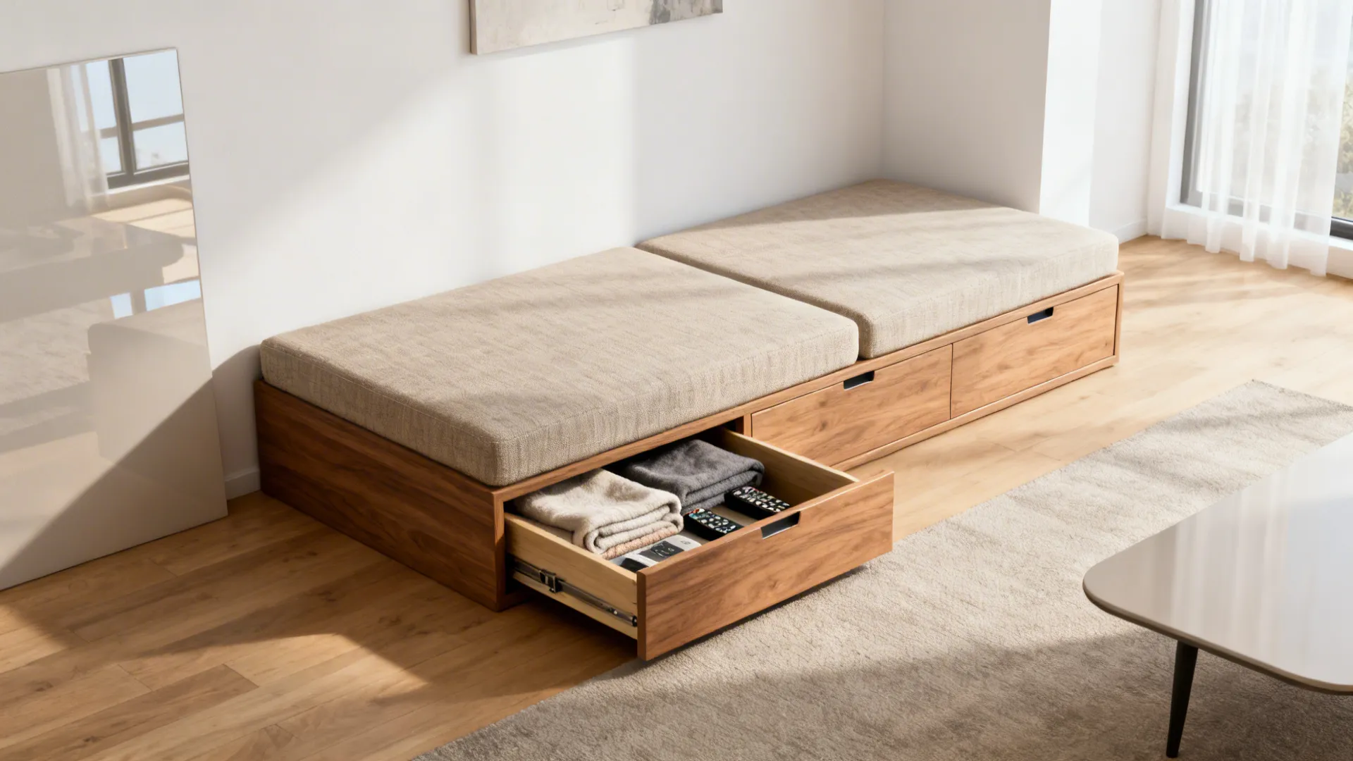 Low-profile diwan with a partially opened storage drawer in a clean, minimalist living room.