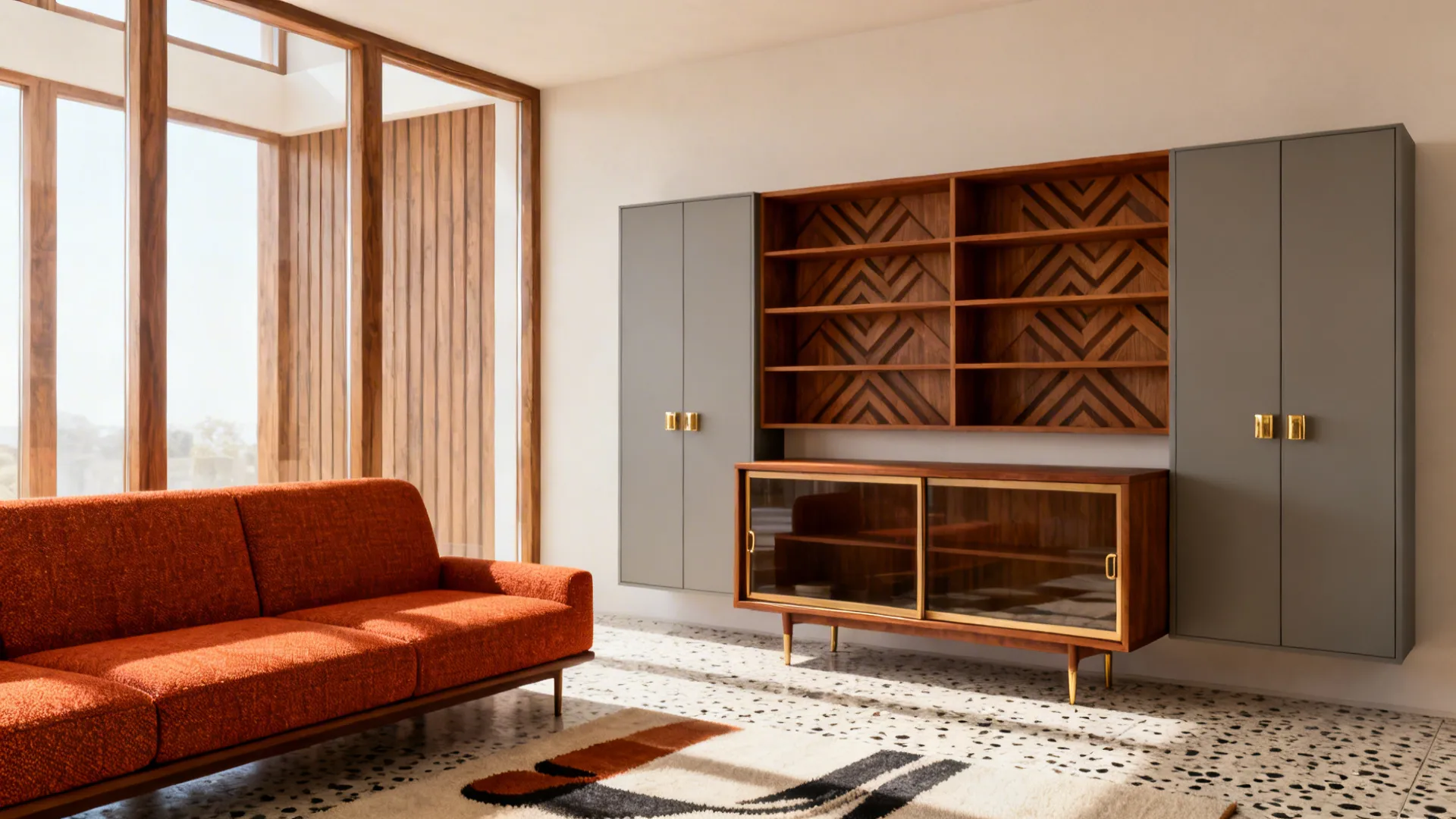Compact mid-century living room with low sofa and clever built-in and modular storage solutions.