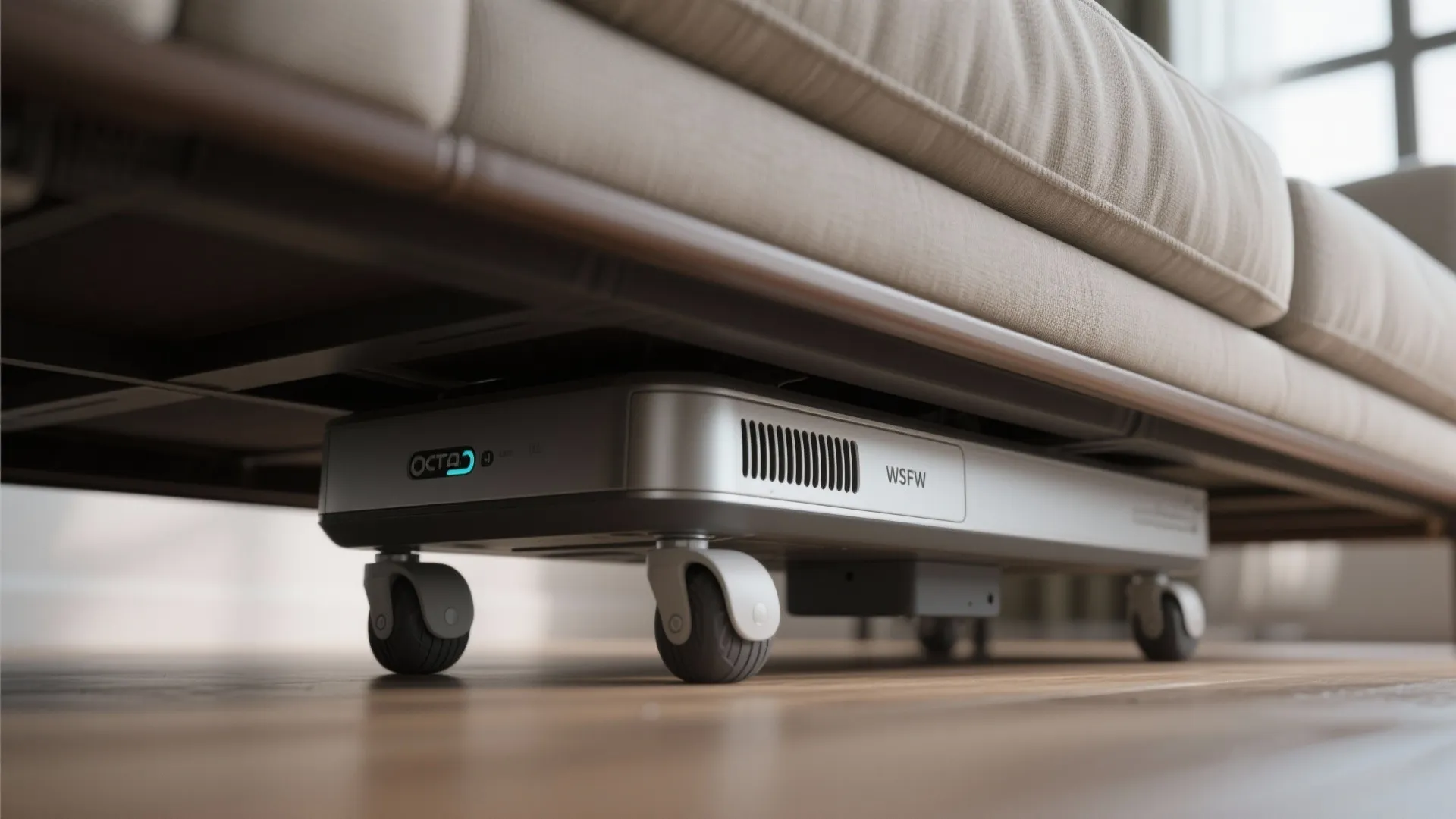 Smart cleaning robot with wheels moving under a light beige sofa on a wooden floor