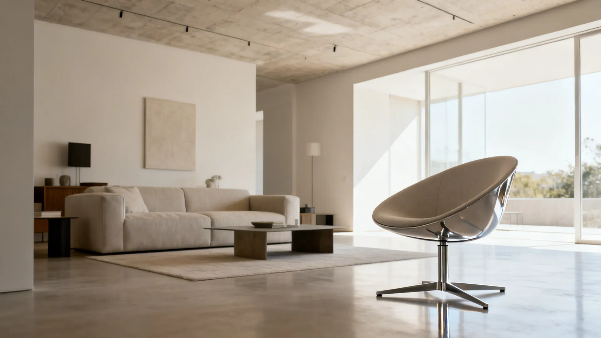 Minimalist living room with a low-profile swivel chair on a slim metal base and open sightlines.