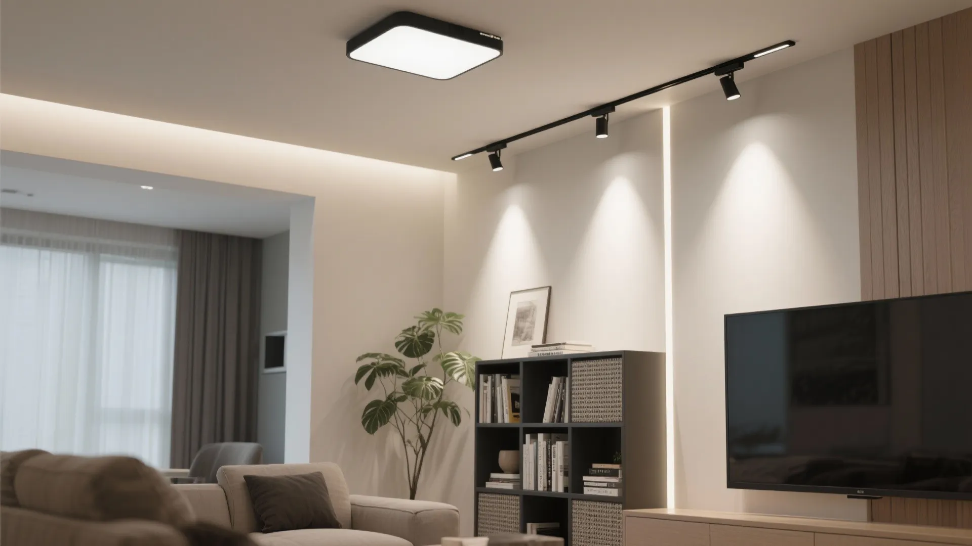 Low-profile ceiling light with a minimalist track washing bookcase and plants to add height and softness.