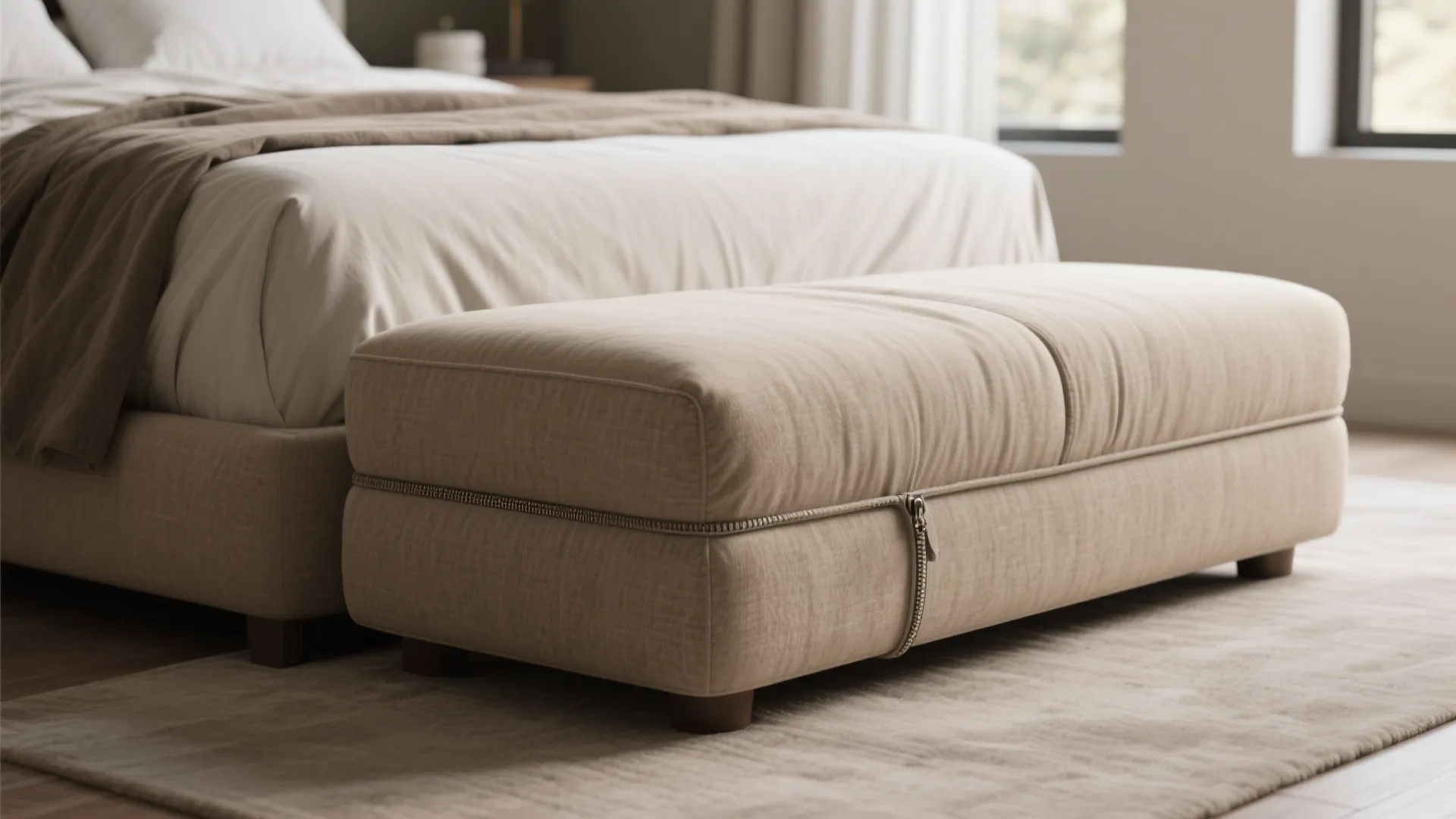 Soft beige footrest placed at the end of a bed in a modern styled bedroom