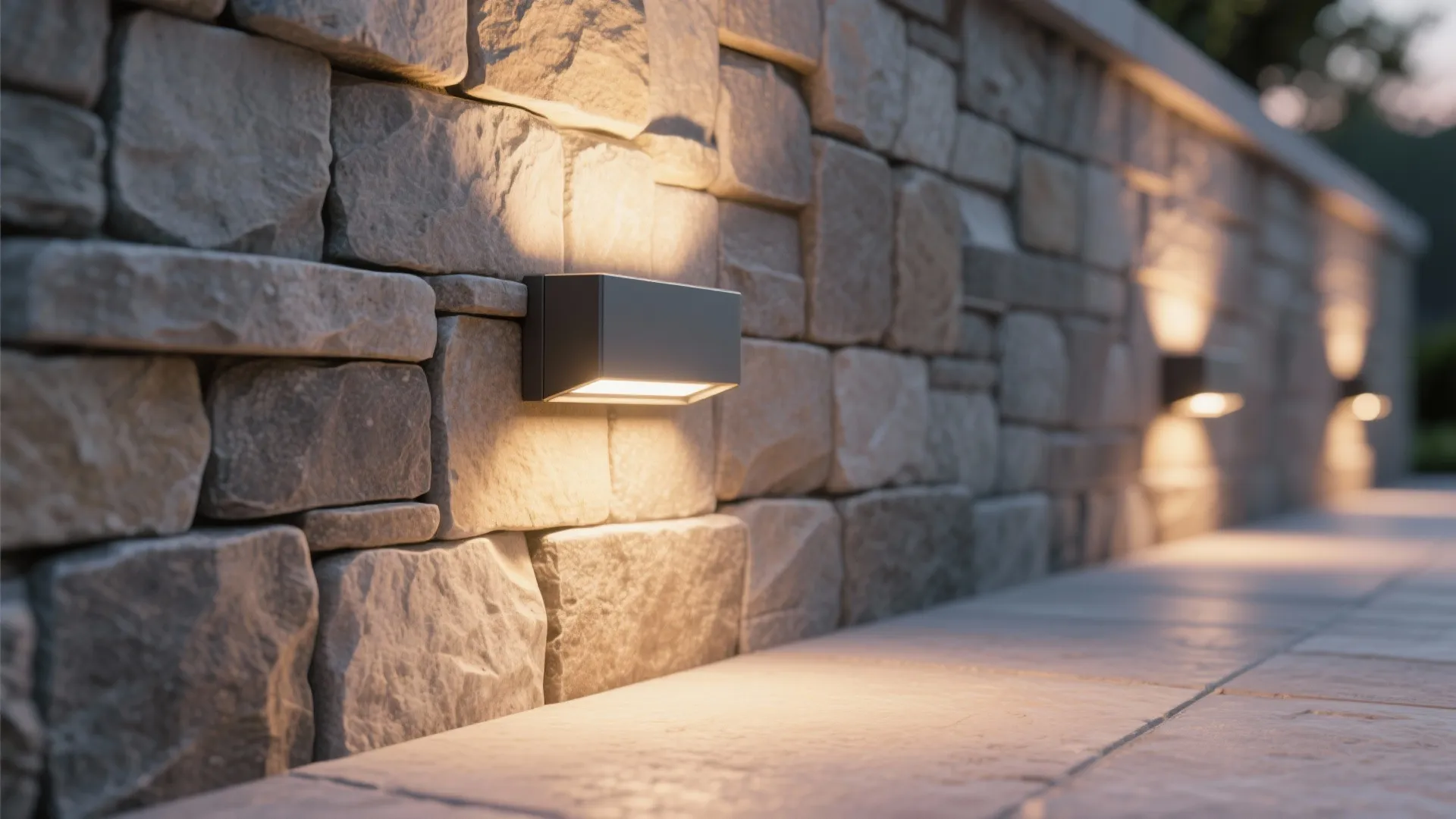 Black outdoor wall light fixtures installed on a textured stone wall providing warm glowing light