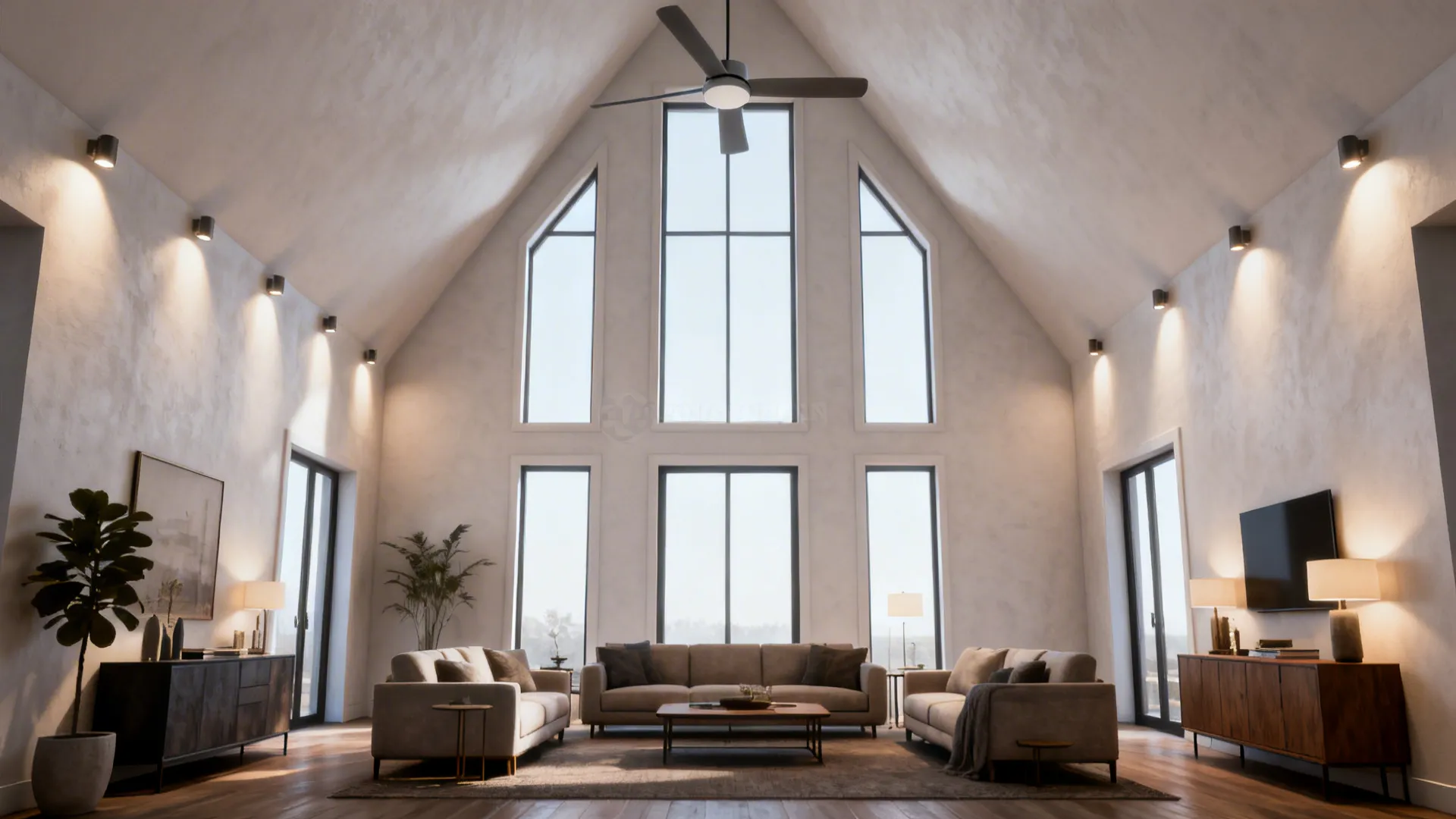 Vaulted living room with a low-profile ceiling fan and uplighting highlighting the high ceiling and architectural volume.