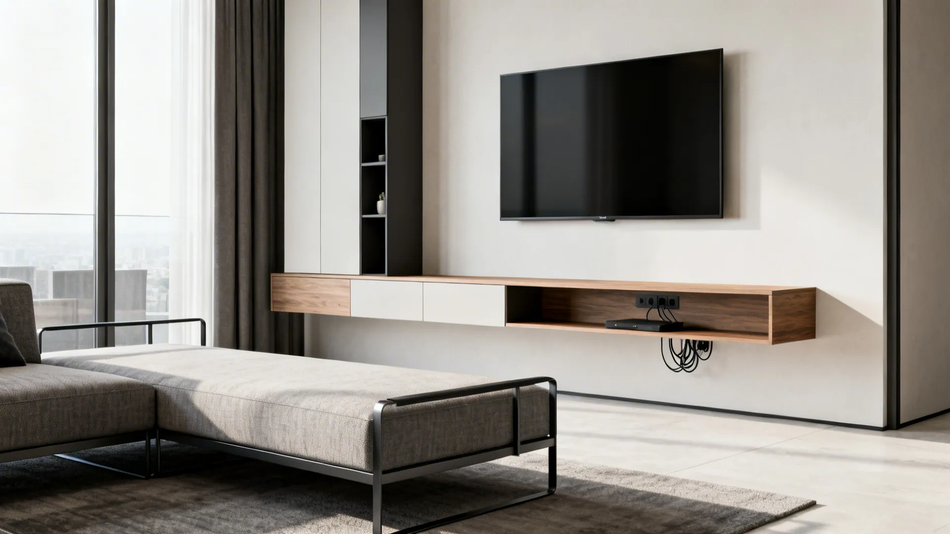 Low-profile sofa under a floating wall cabinet creating a clean, open living room look.