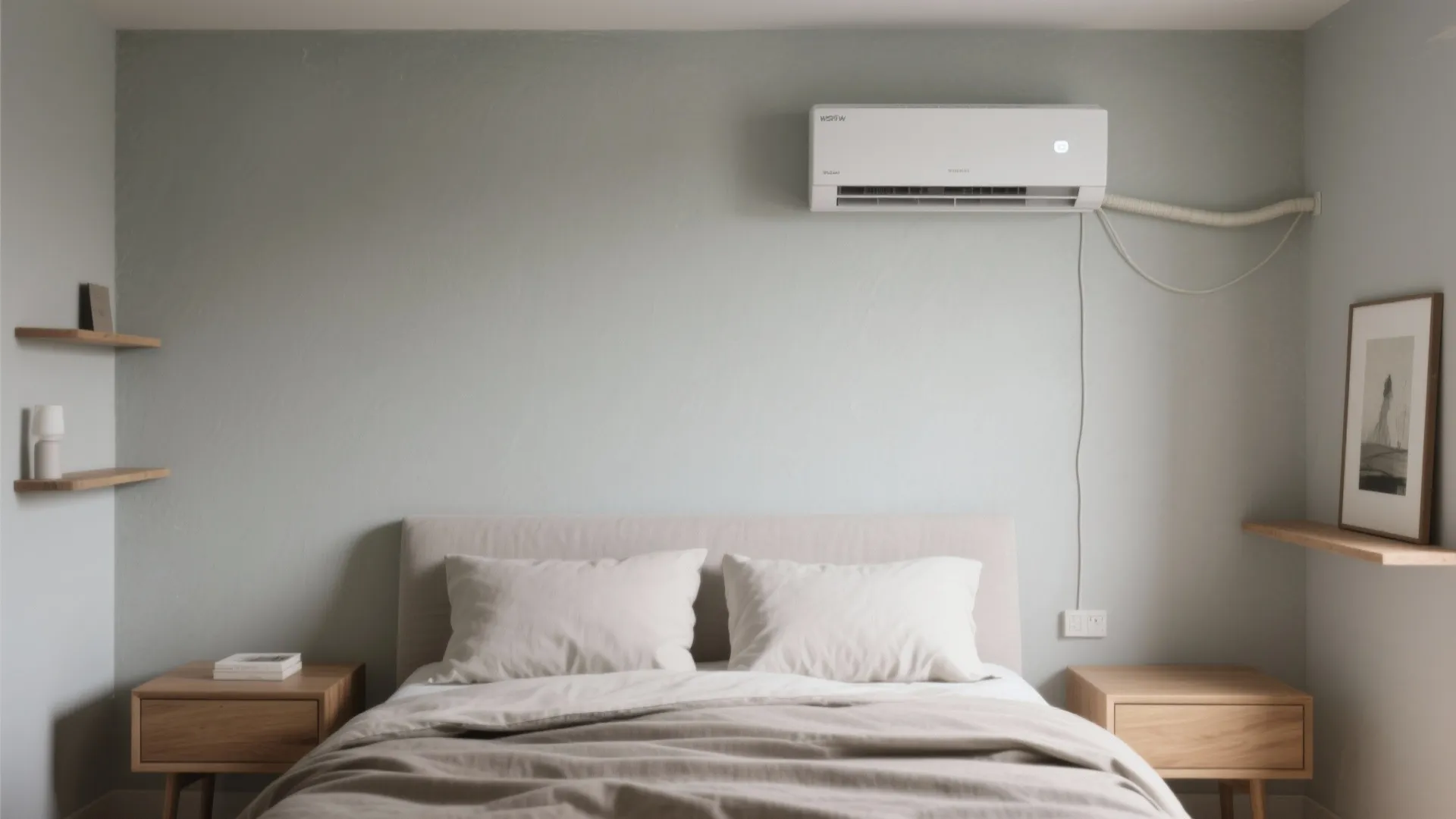 Slim wall-mounted mini split on matte gray wall blending into a serene bedroom.