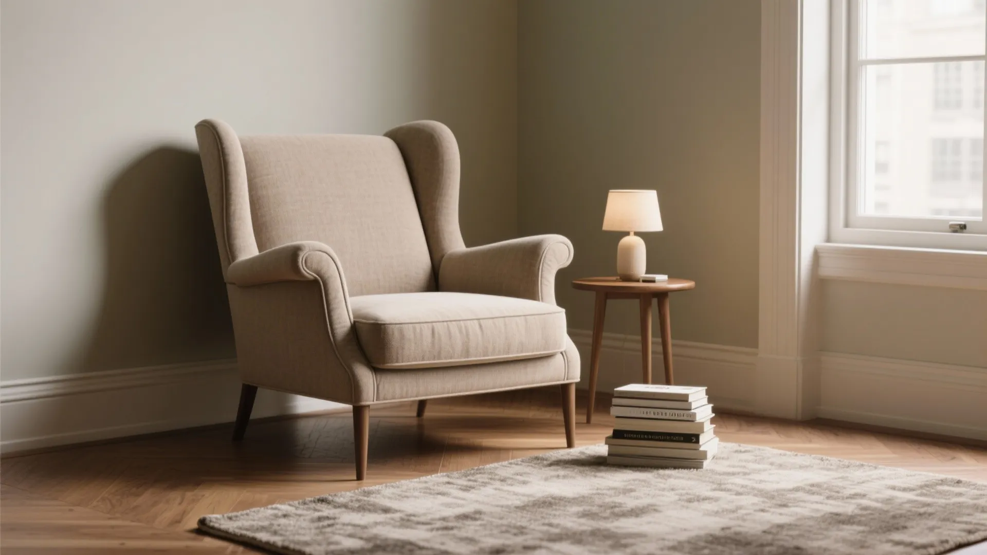 Beige wing chair with wooden legs next to a side table and small table lamp