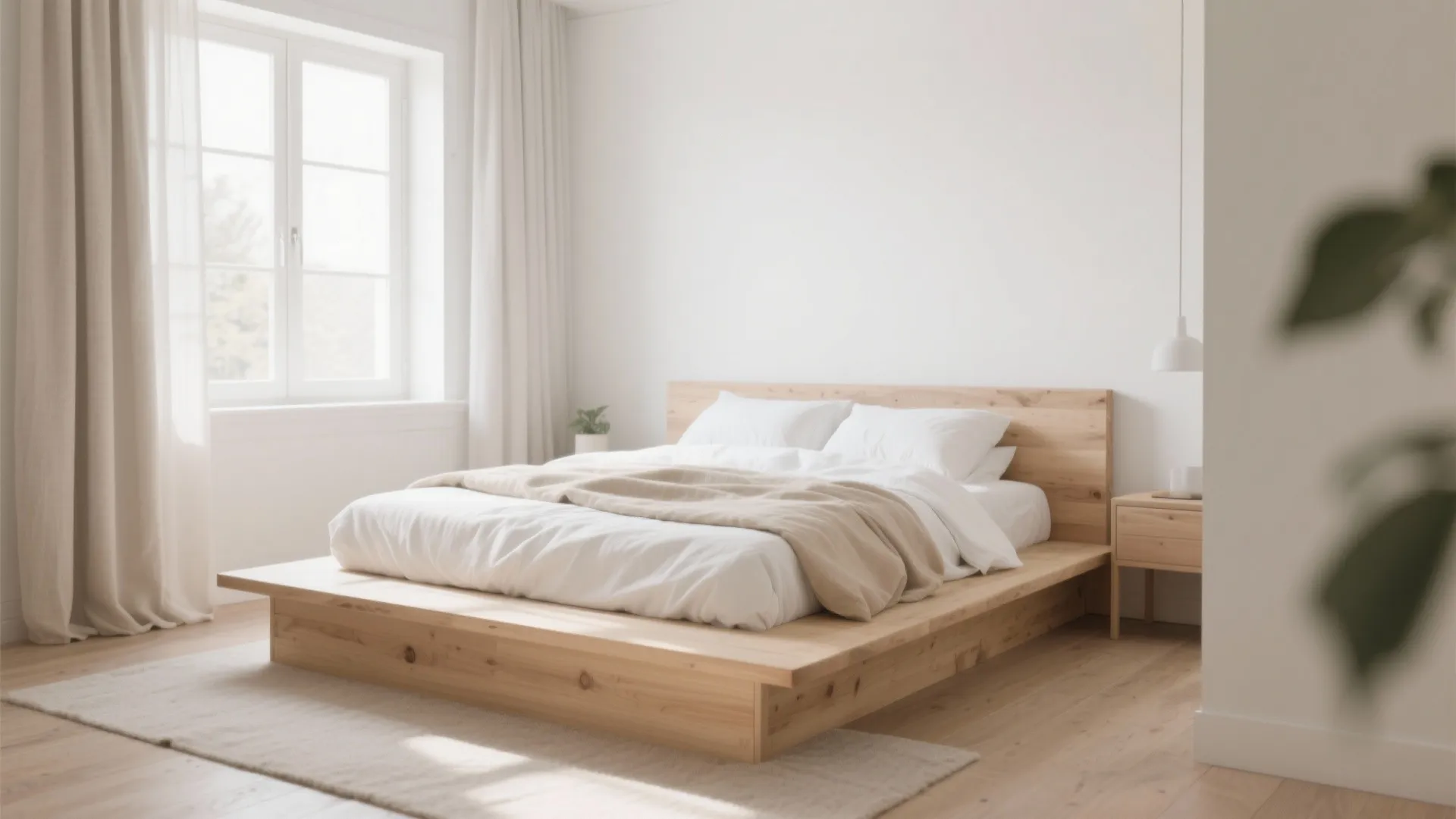 Minimalist light wood platform bed with white bedding in a bright room with natural window light