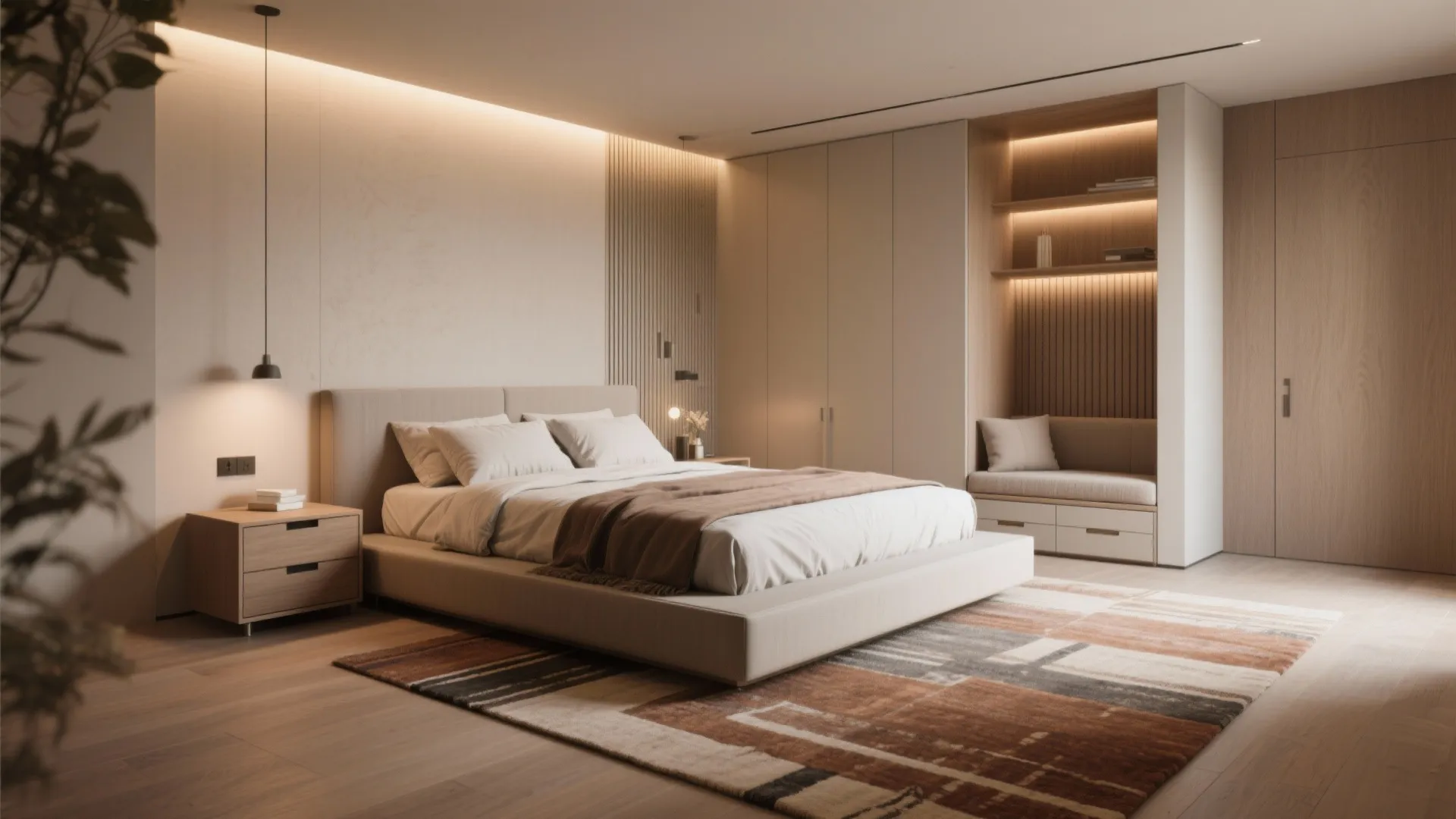 Minimalist bedroom with low platform bed warm lighting wooden cabinets and a small seating bench