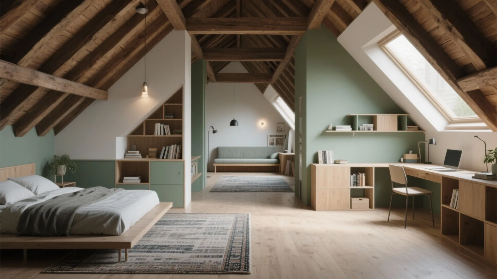 4. Zone with low-profile furniture and rugs