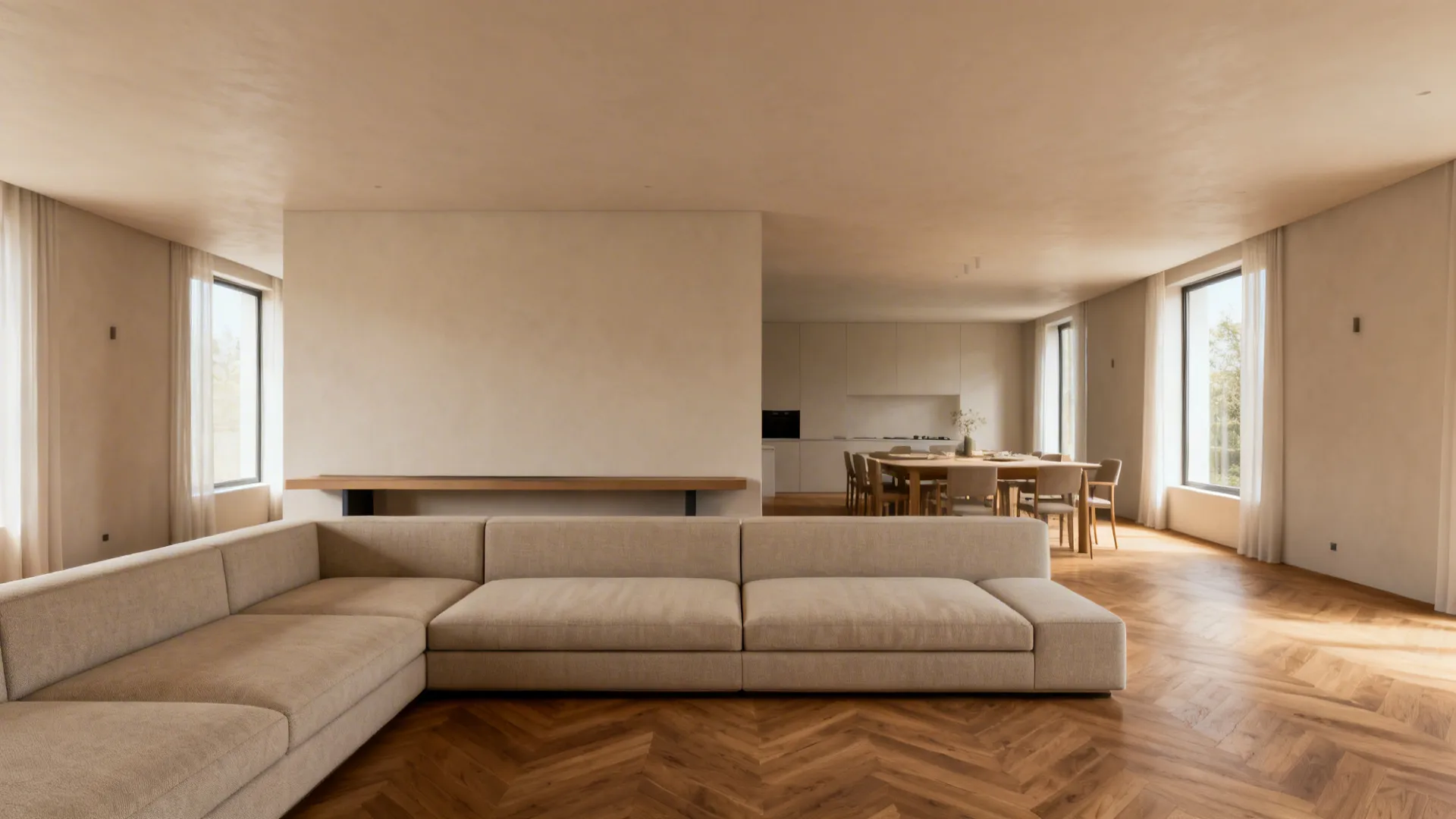 Living area defined by a low-back modular sofa and console creating a subtle room division with clear sightlines.