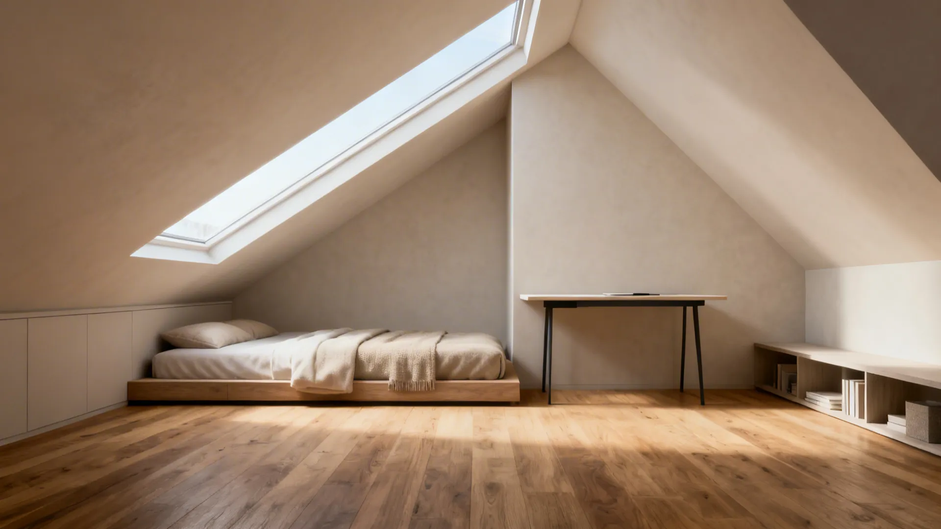 Minimalist attic bedroom with low bed desk wooden floor and a large bright white roof window