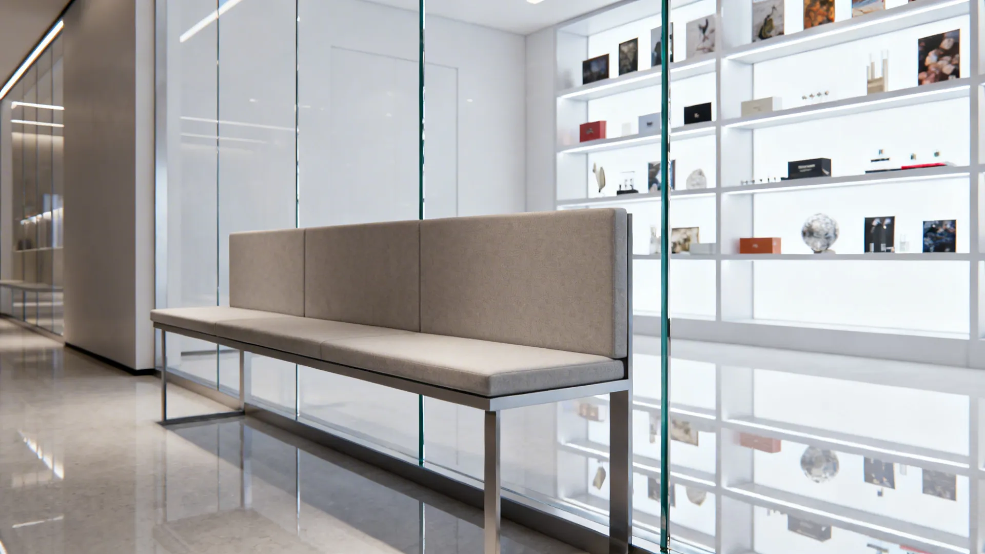 Modern grey bench in a bright minimalist room with glass walls and lit display shelves