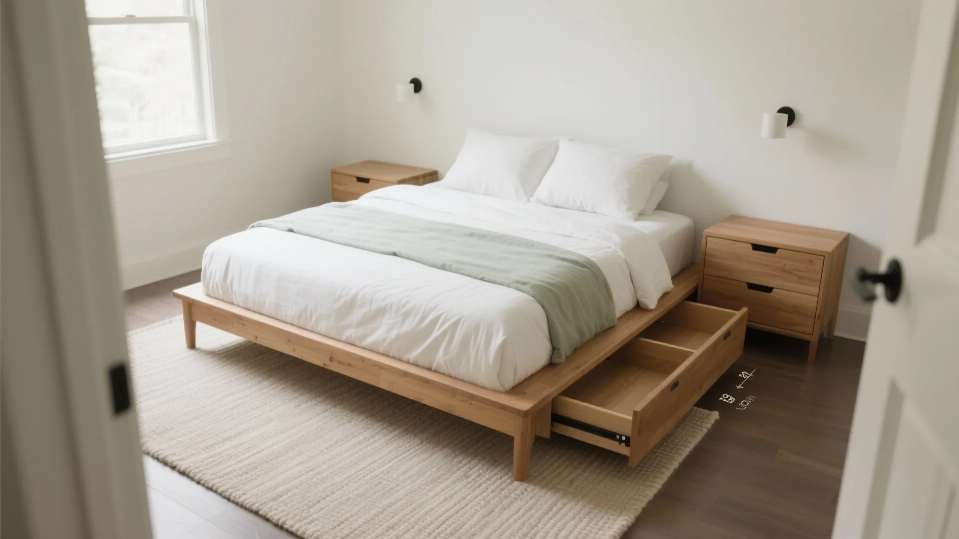 Compact room with low-profile queen platform, single-side drawers, and a clear 24-inch walkway.