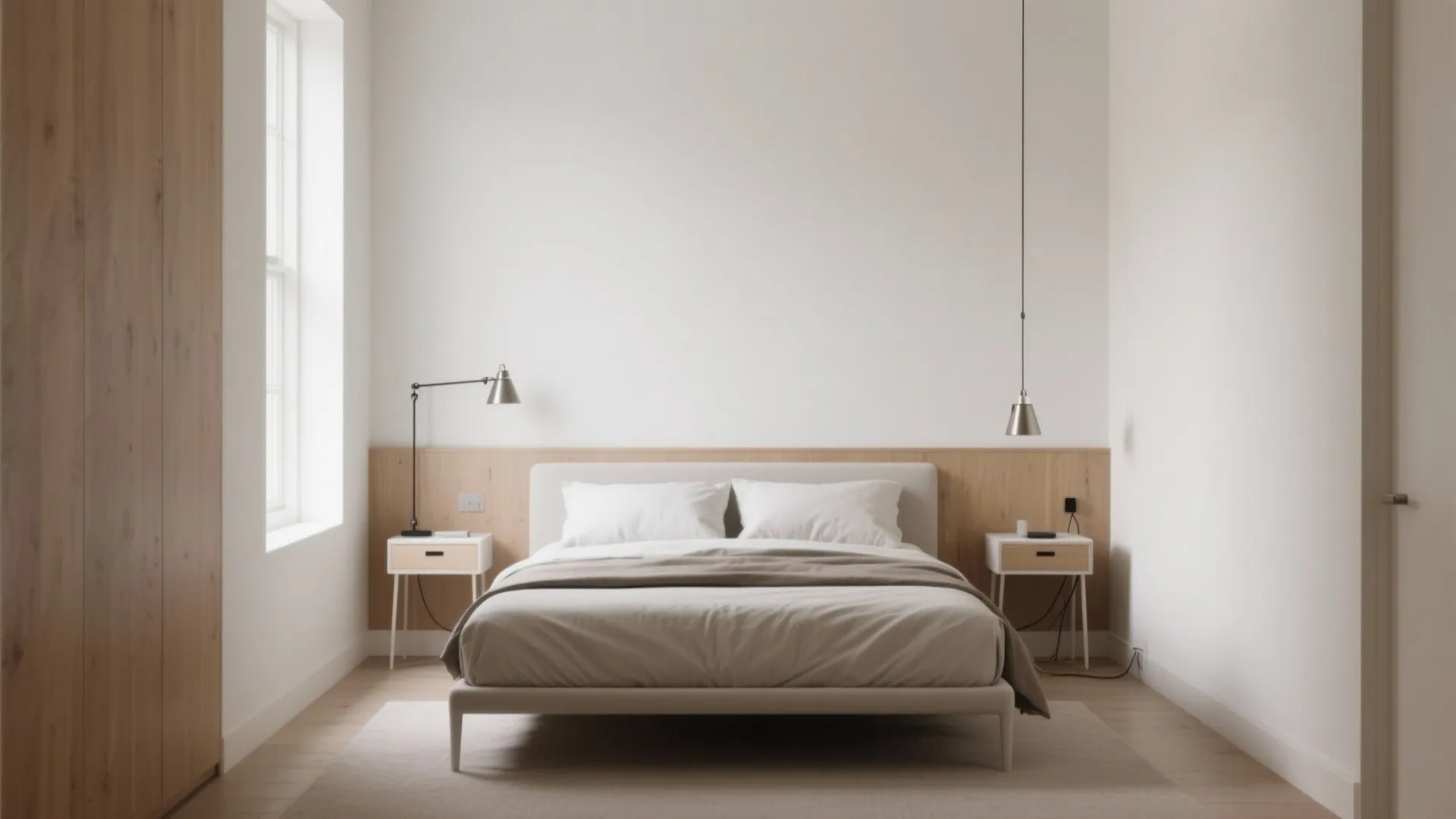 Narrow bedroom with a low-profile queen bed and wall-mounted swing-arm sconces above slim nightstands.