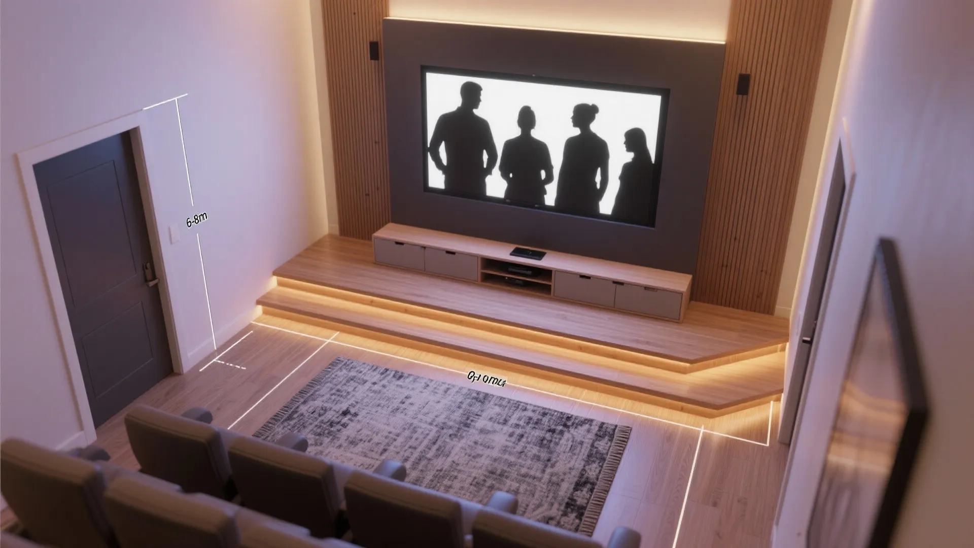 Home cinema interior design drawing with wooden platform steps large screen and theater style seating