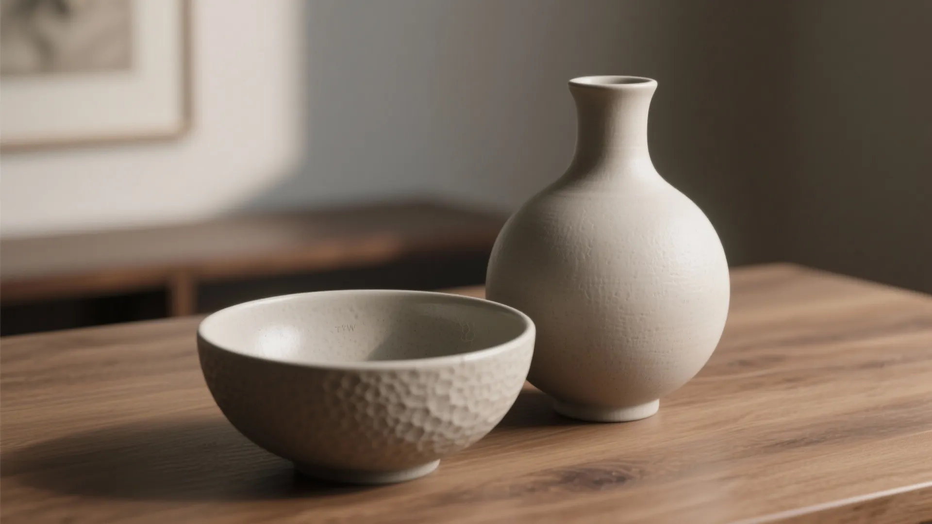 Close-up of low matte ceramic vase and shallow bowl on a wooden table, highlighting texture and scale.