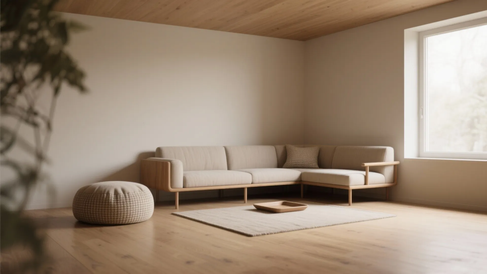 Minimalist living room featuring a beige corner sofa a round footrest and a large window