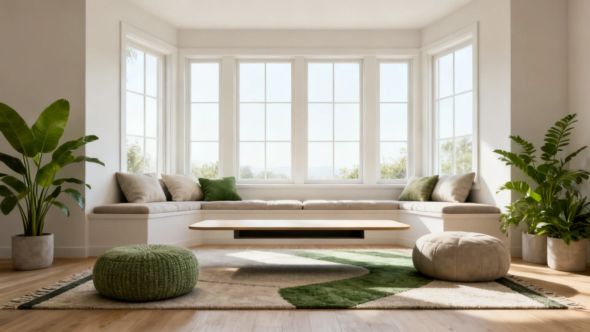 Bay window with a floating coffee table and low floor cushions for relaxed seating.
