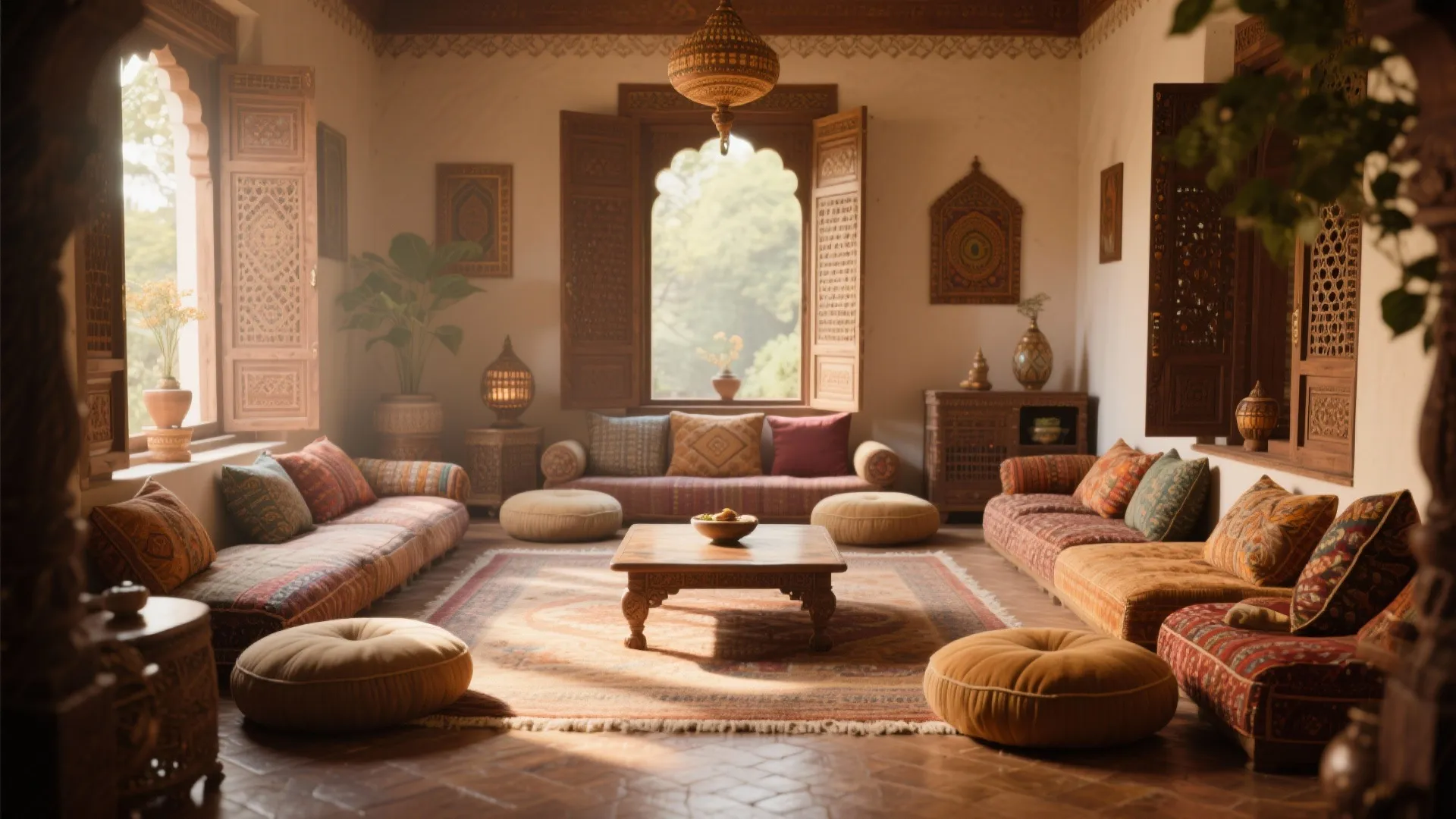 Traditional living room with low patterned sofas round footrests wooden coffee table and warm ceiling light
