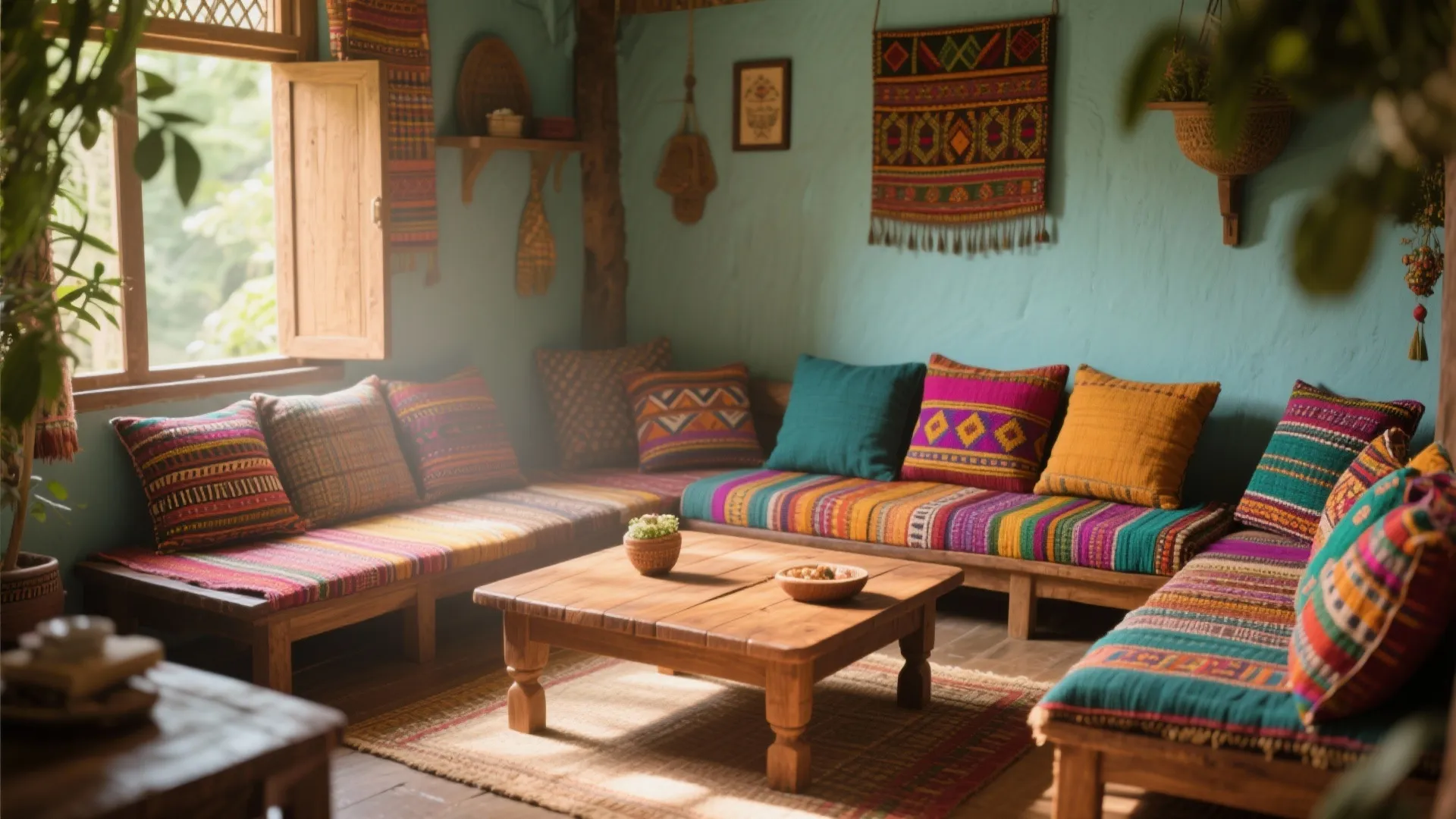 Low seating with handwoven cushions