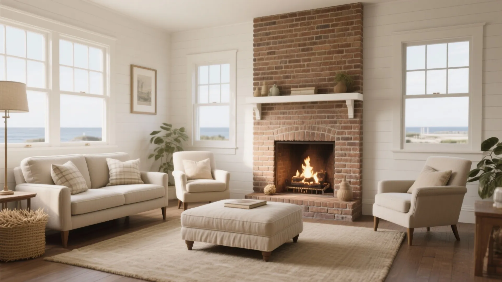 1) Low-profile seating with a fireplace focal point