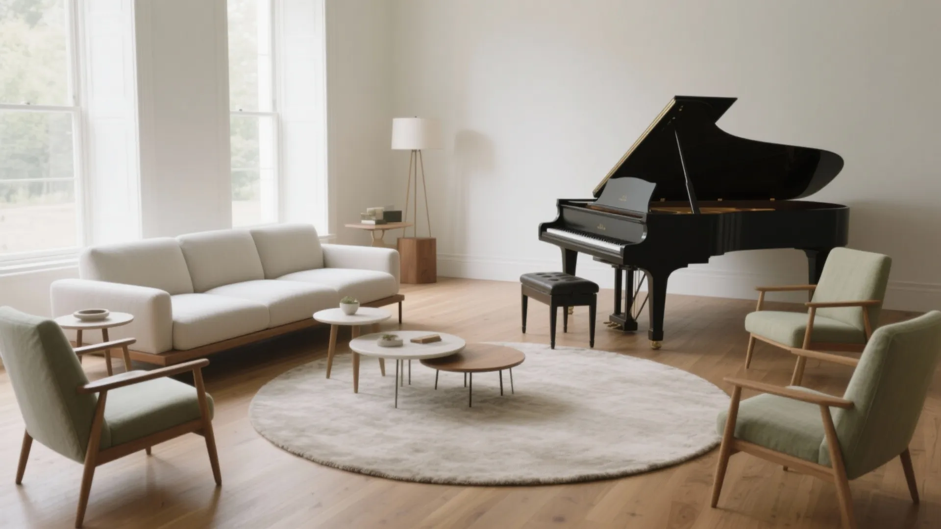 Low-back sofa, armless chairs, and a round rug keep focus on a baby grand piano.