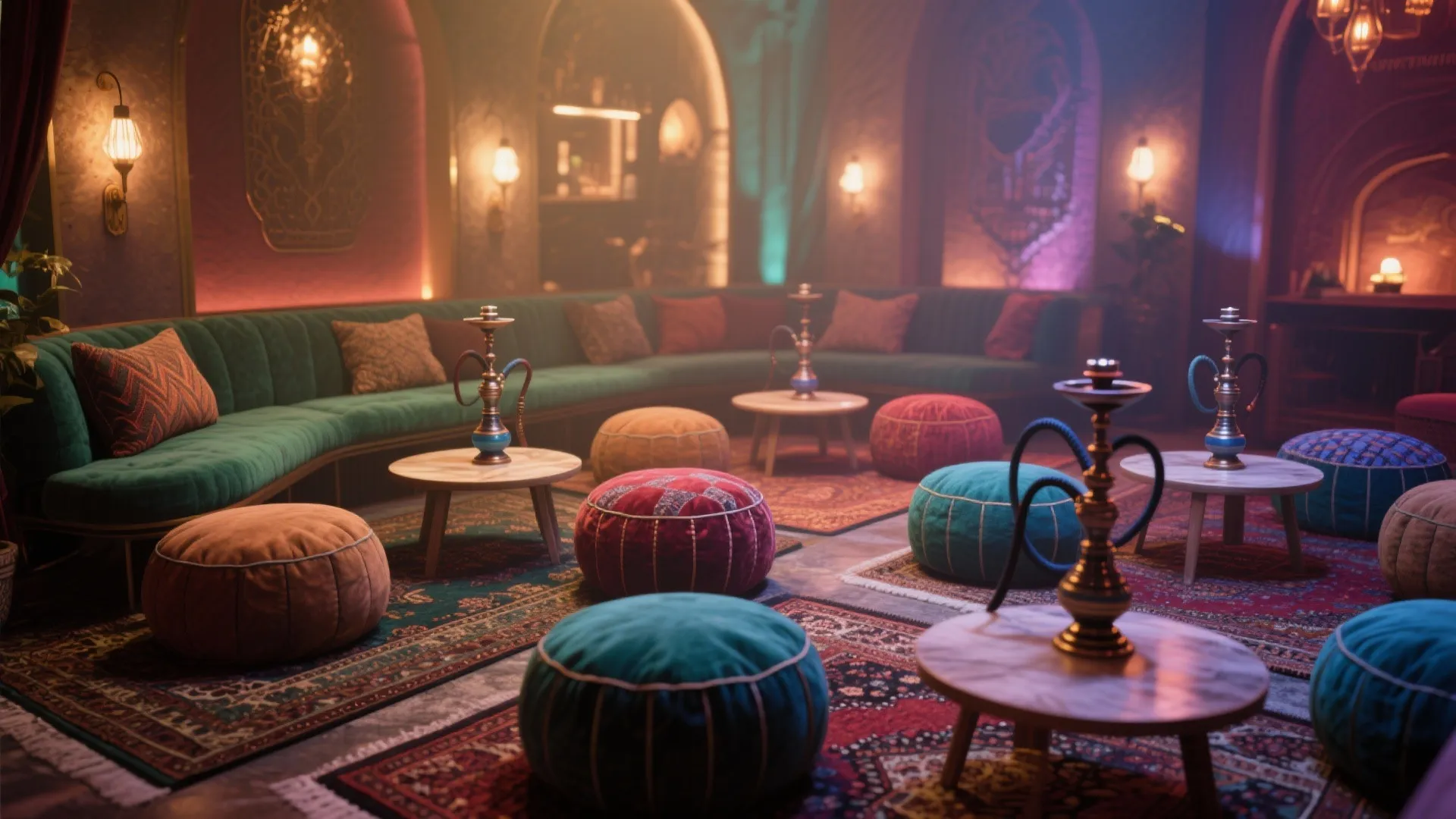 Middle Eastern style lounge with green sofa colorful floor cushions small wooden tables and warm lighting