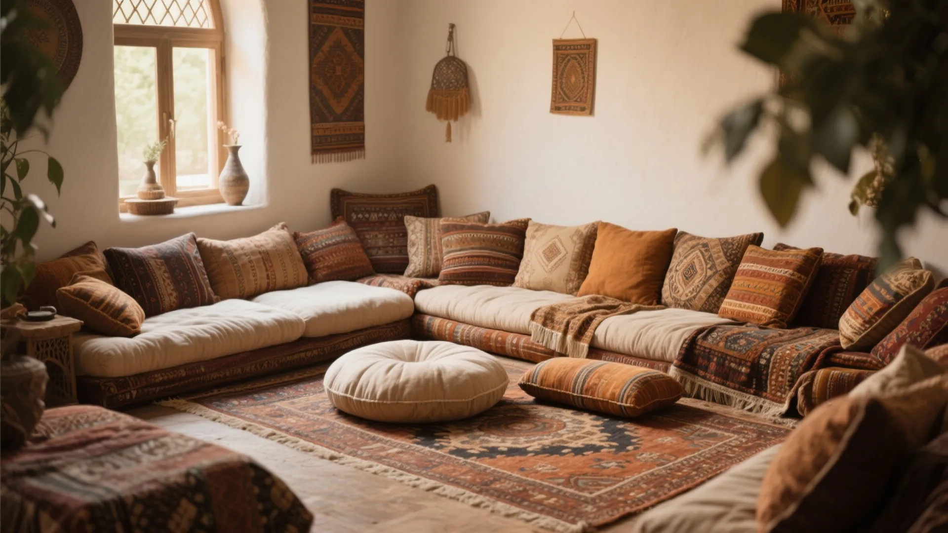 Floor seating area with patterned cushions and a round footrest on a large patterned rug