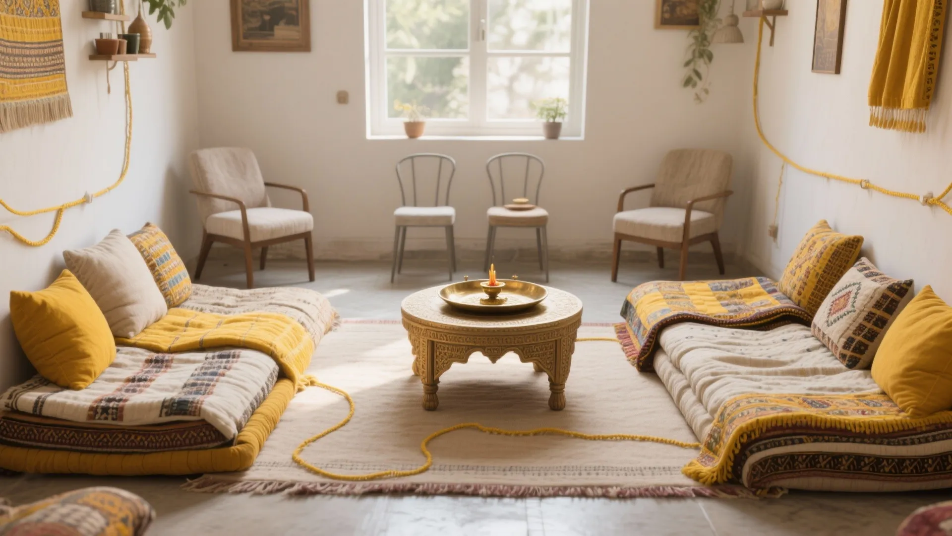 Low seating with layered textiles