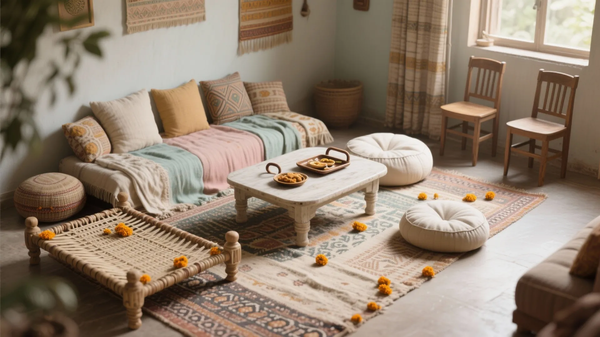 Low Seating: Floor Cushions, Durries, and a Charpai Nook